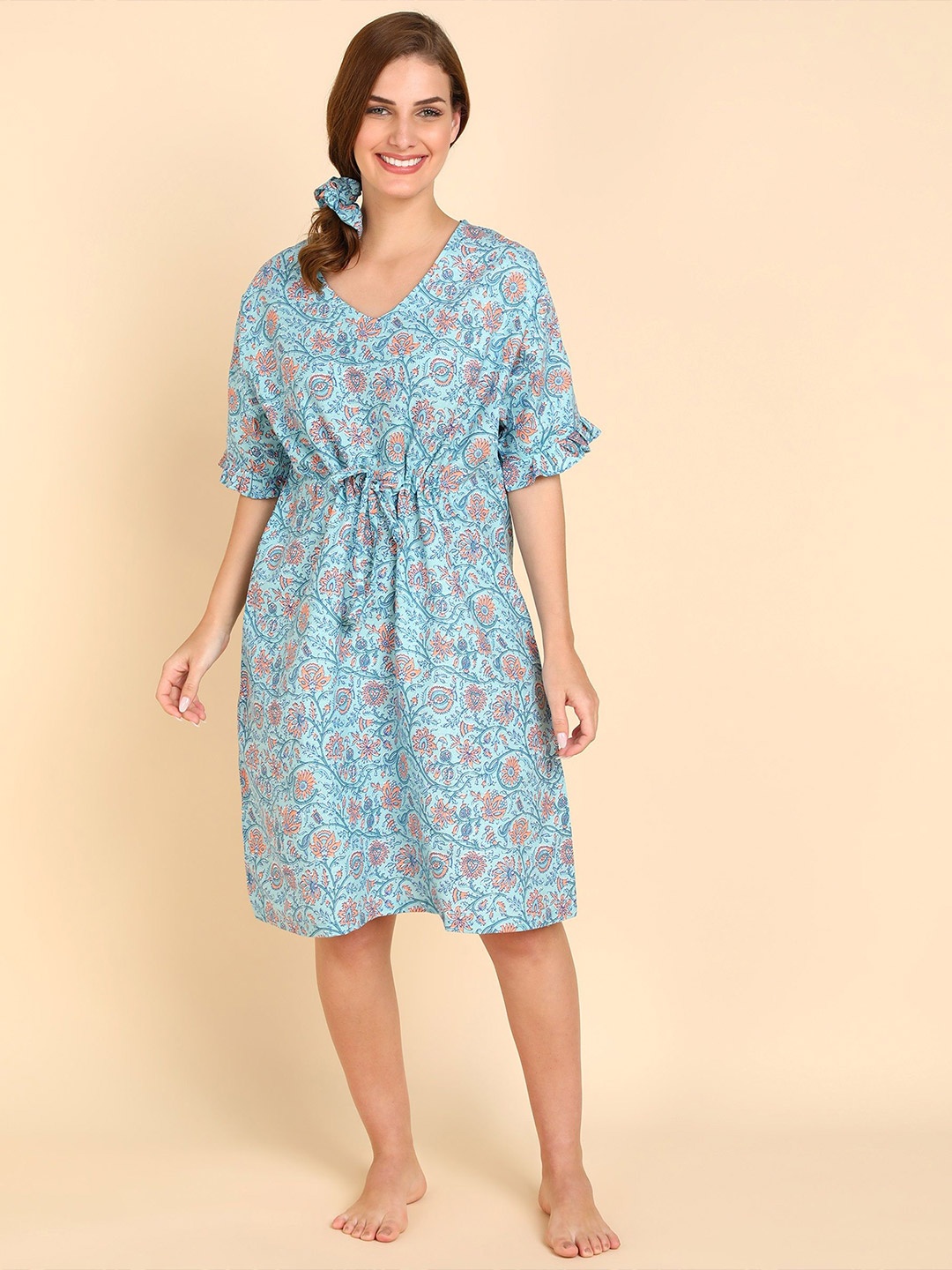 

Aartej Printed Nightdress, Turquoise blue