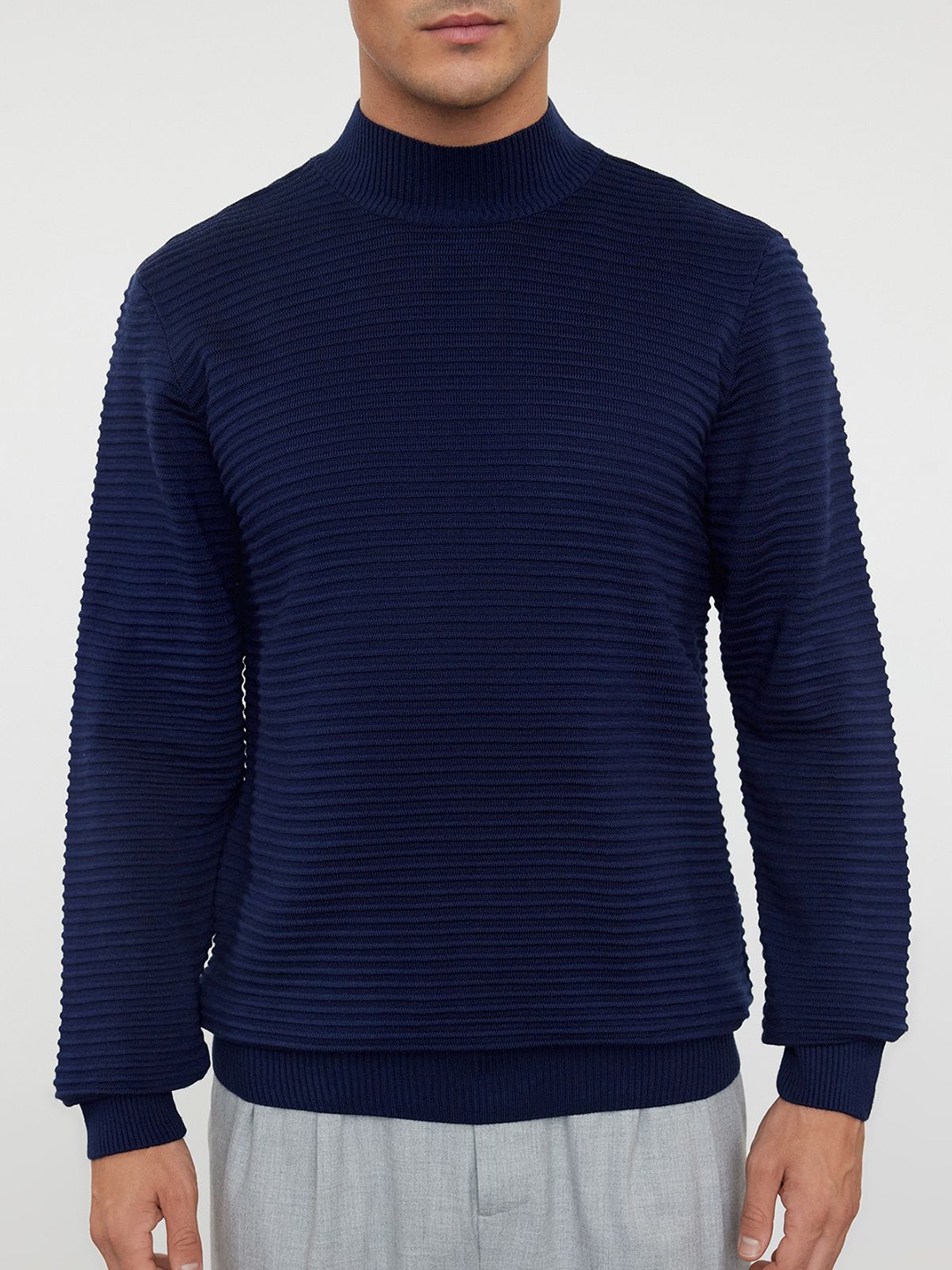 

Trendyol Men Self Design High Neck Acrylic T-Shirt, Navy blue