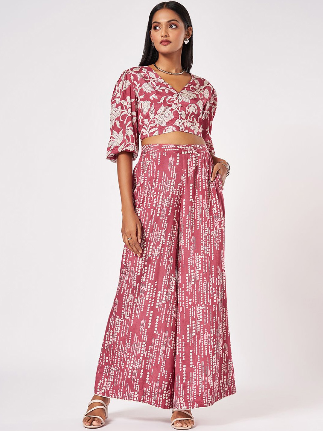 

Marigold Lane Floral Printed Puff Sleeves Crop Top & Palazzos, Peach