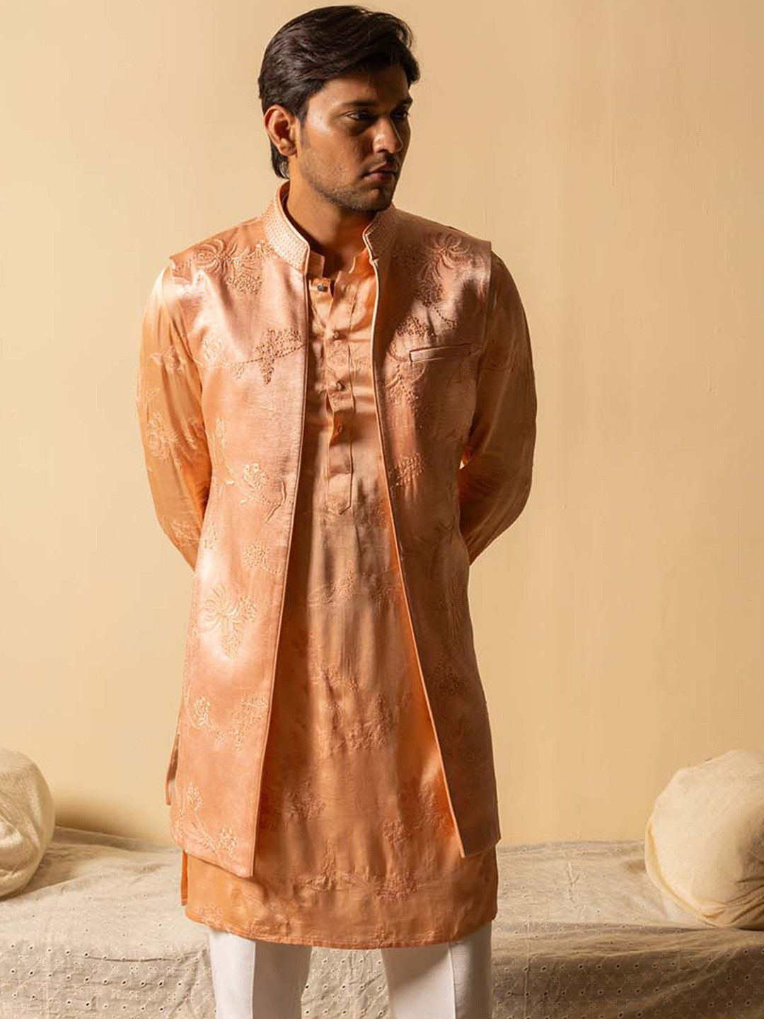 

Ayush Jain Embroidered Nehru Jacket, Peach