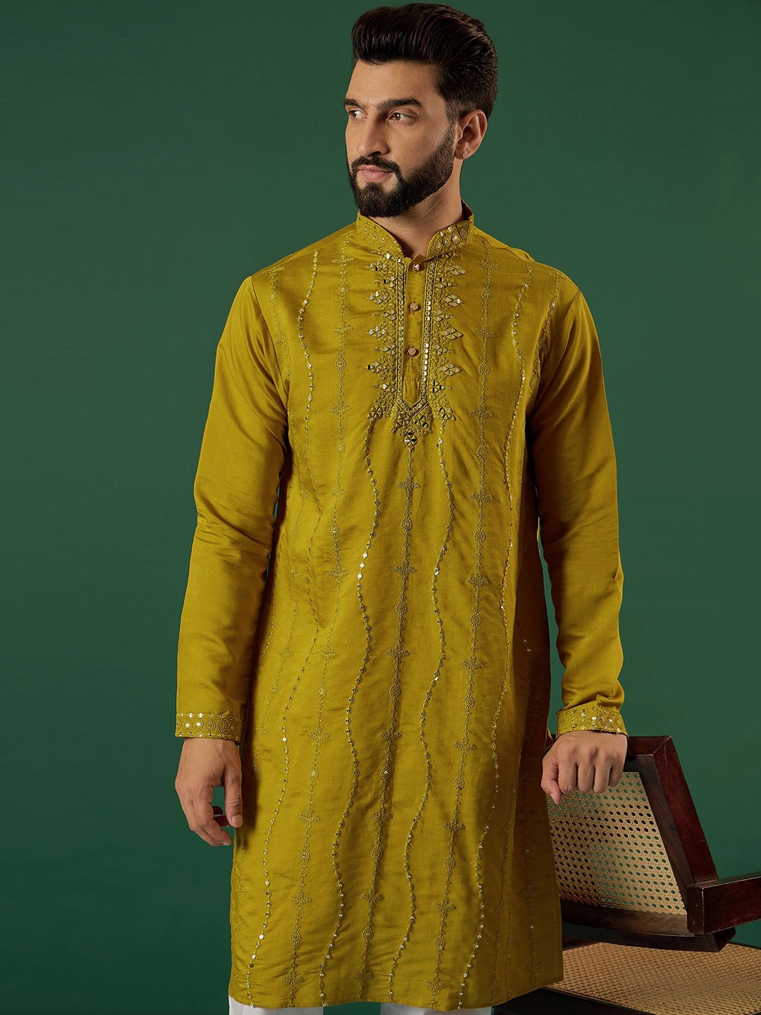 

Anouk Floral Embroidered Mandarin Collar Mirror Work Straight Kurta, Yellow