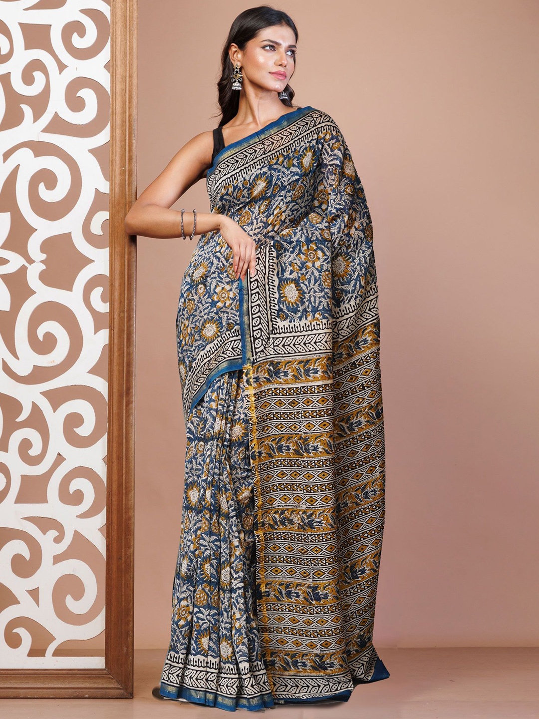 

Unnati Silks Kalamkari printed Handloom Chanderi Saree, Blue