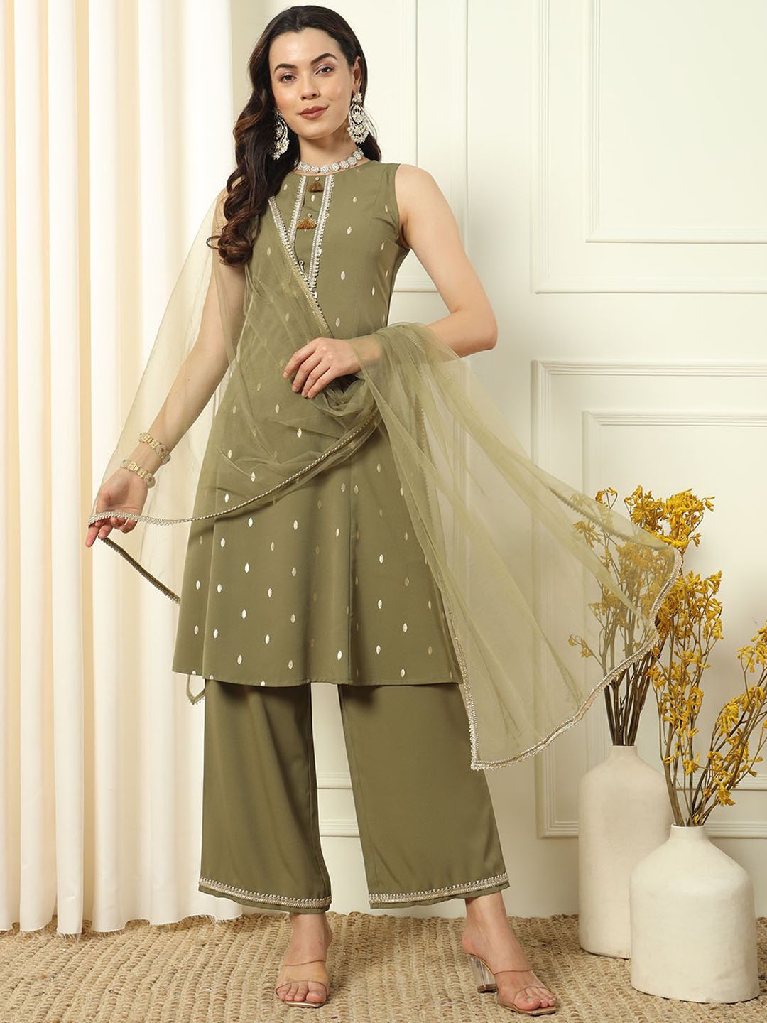

FIORRA Floral Printed Round Neck Straight Kurta With Palazzos & Dupatta, Green