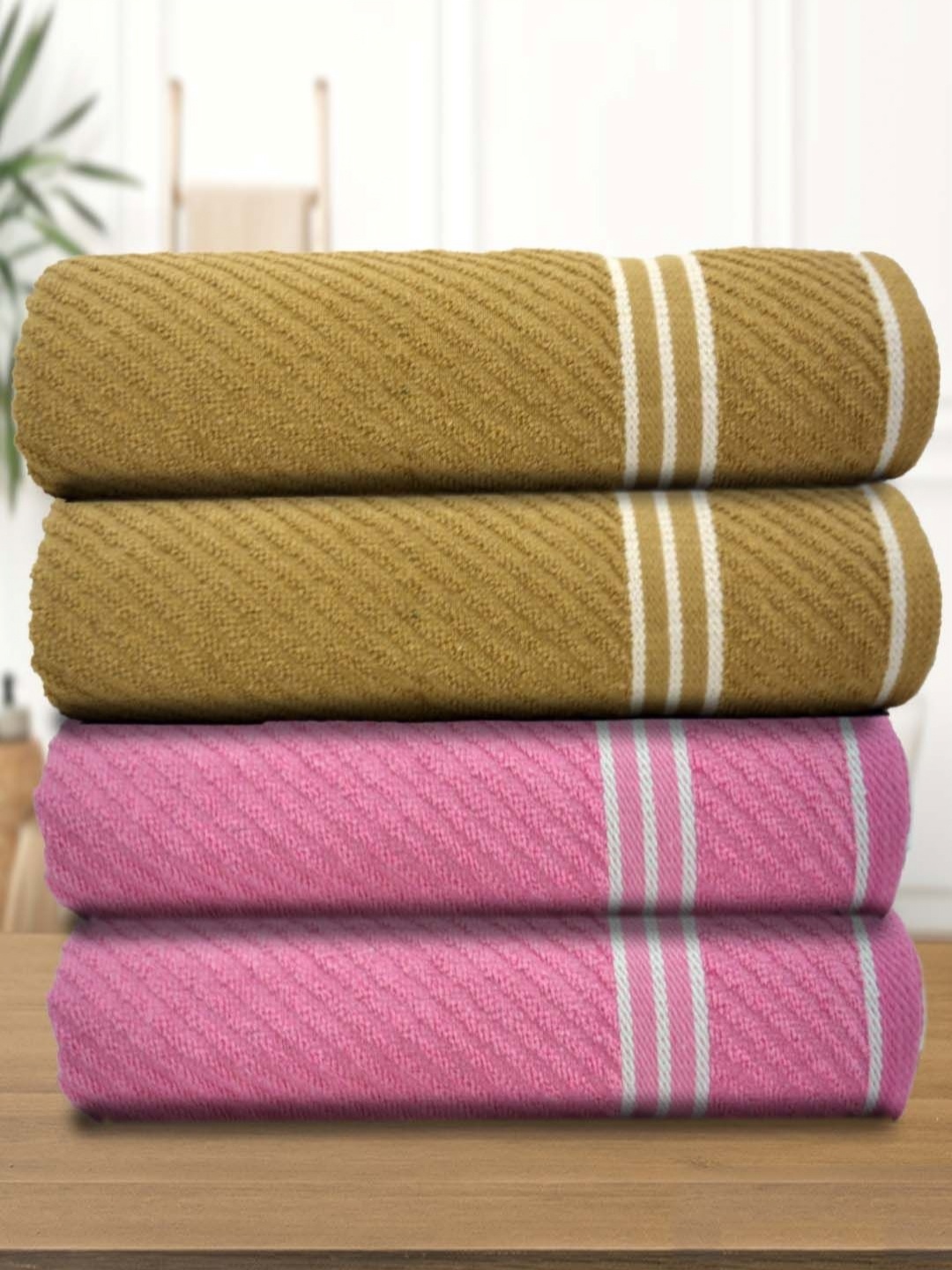 

Aura Athom Living Pink & Beige 4 Pieces Striped 400 GSM Bath Towel