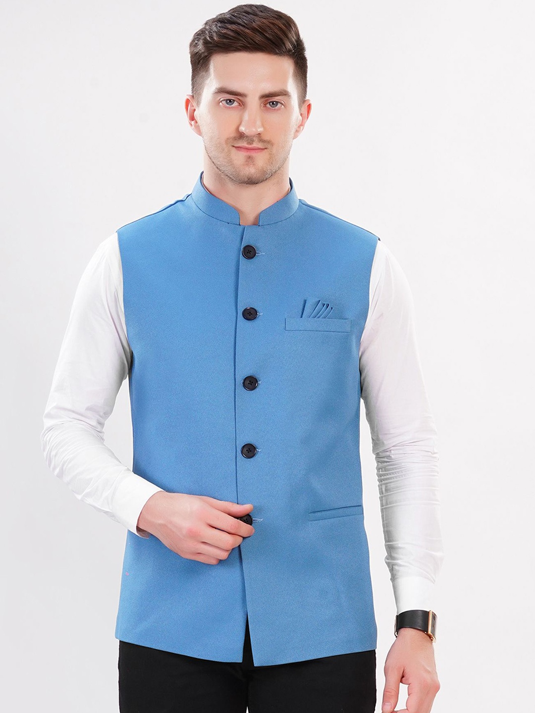 

LA'SCOOT Formal Fit Mandarin Collar Nehru Jacket, Blue