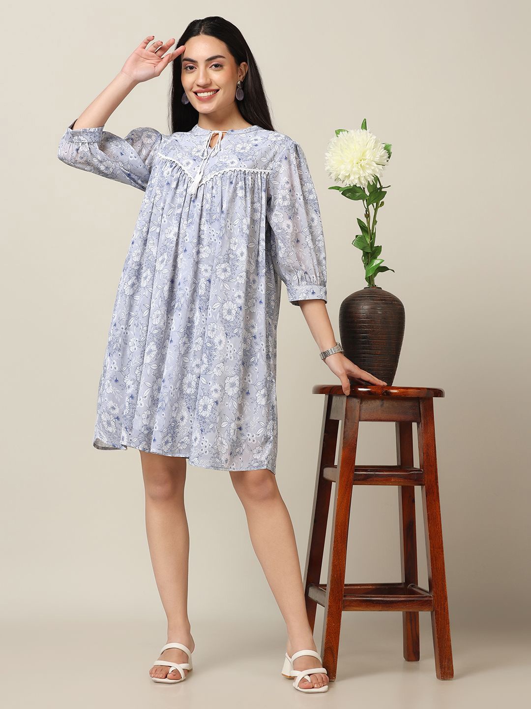 

BAESD Floral Print Tie-Up Neck Puff Sleeve Chiffon Fit & Flare Dress, Grey