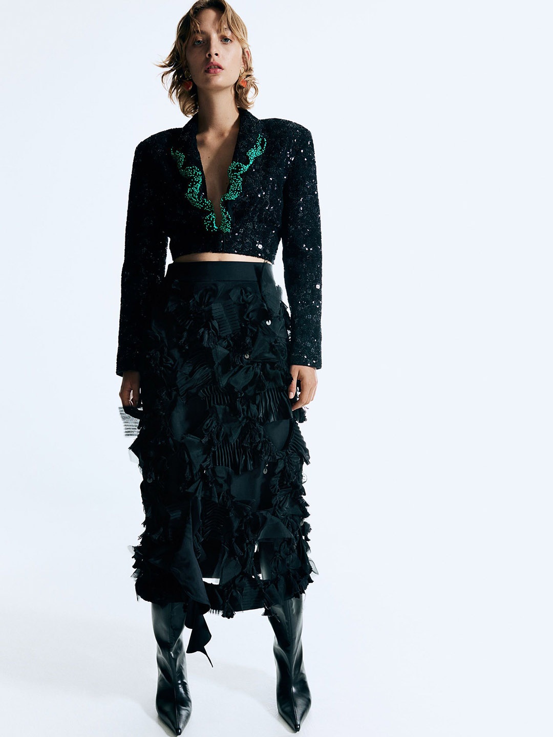 

H&M Cotton Cropped Embellished Blazer, Black