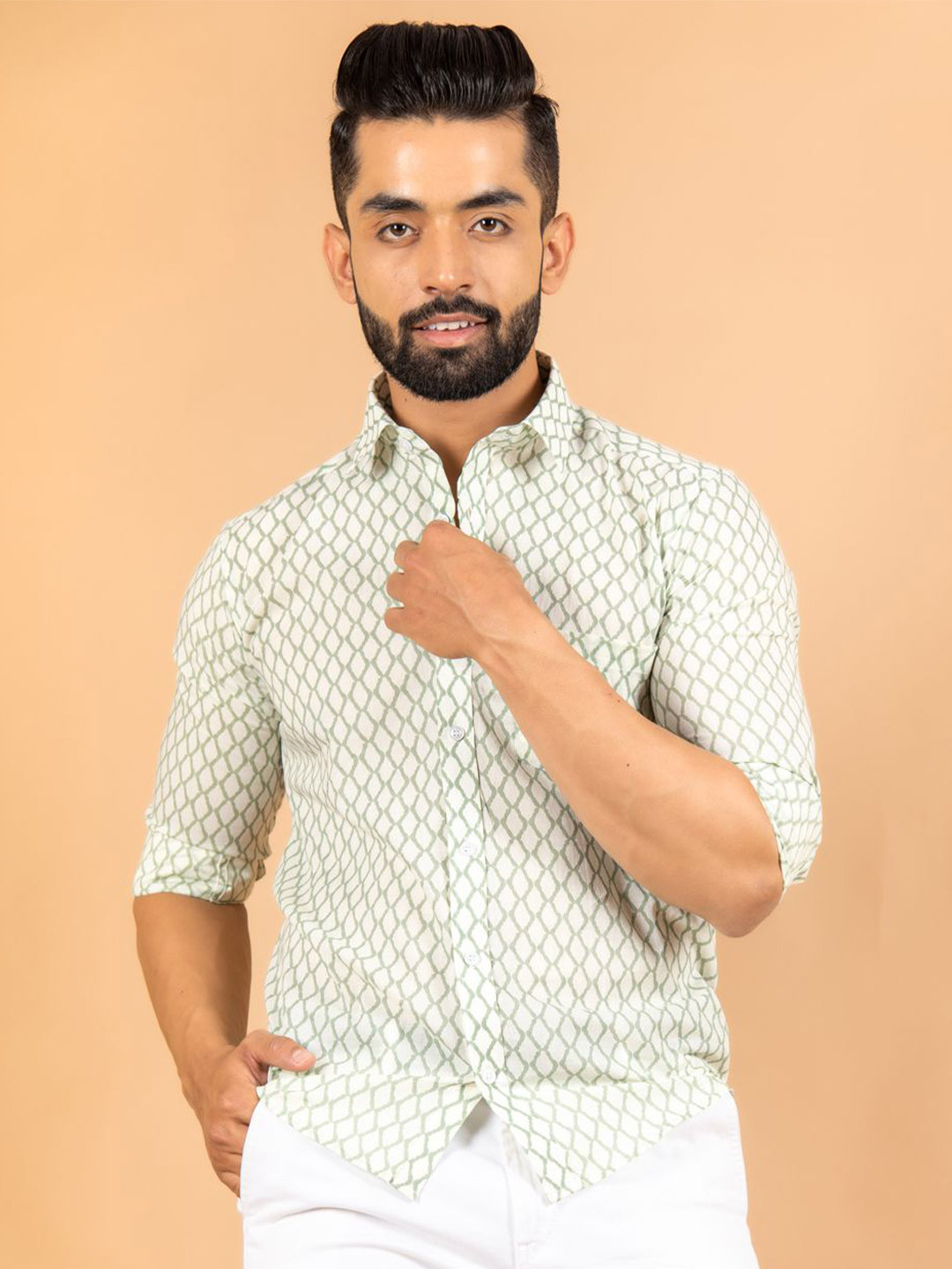 

Tistabene Men Standard Spread Collar Conversational Printed Cotton Casual Shirt, White