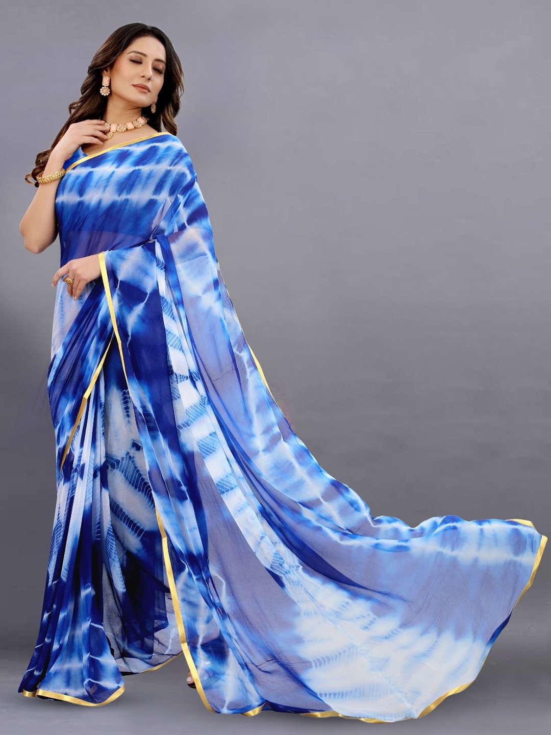 

Aika pure chiffon tie and dye printed saree with blouse piece, Blue