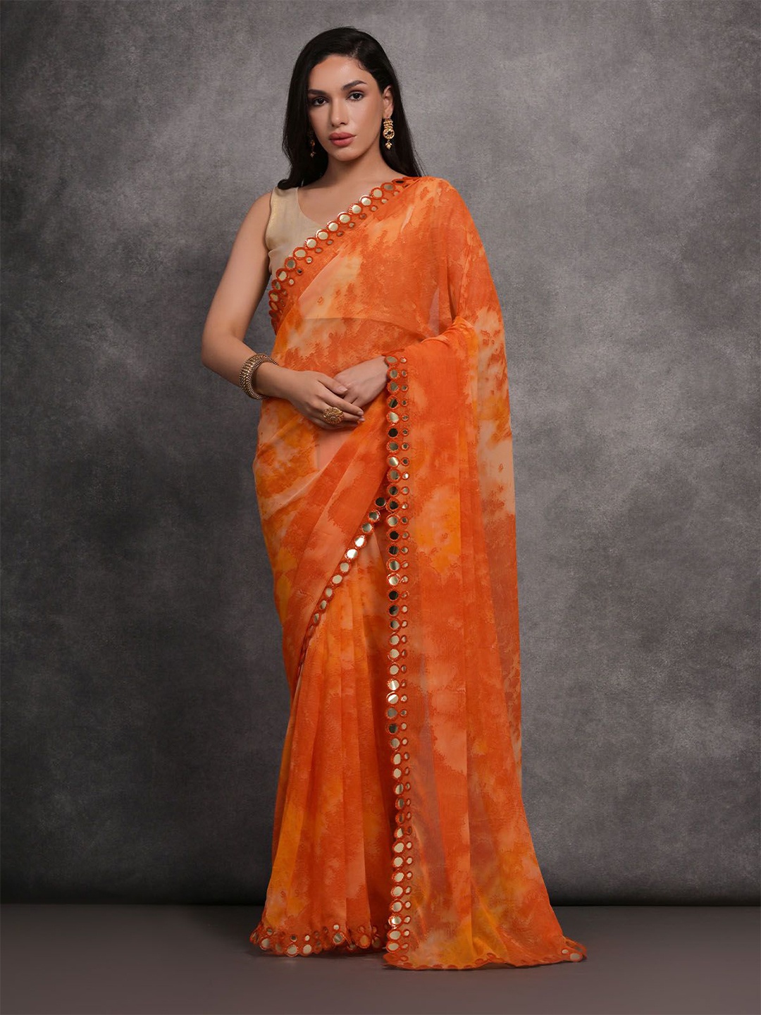 

ODETTE Mirror Work Poly Georgette Saree, Orange