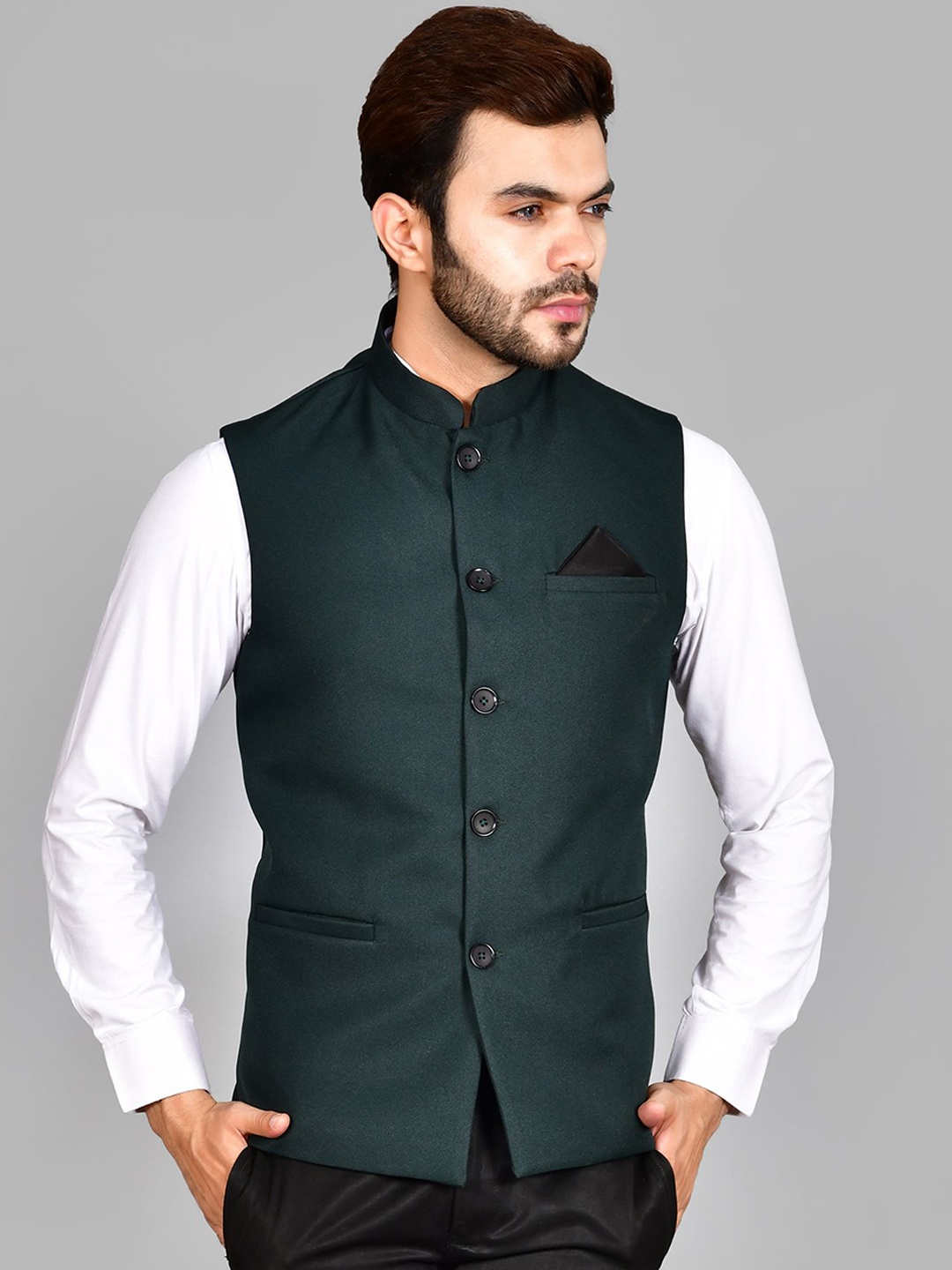 

LA'SCOOT Mandarin Collar Nehru Jacket, Green