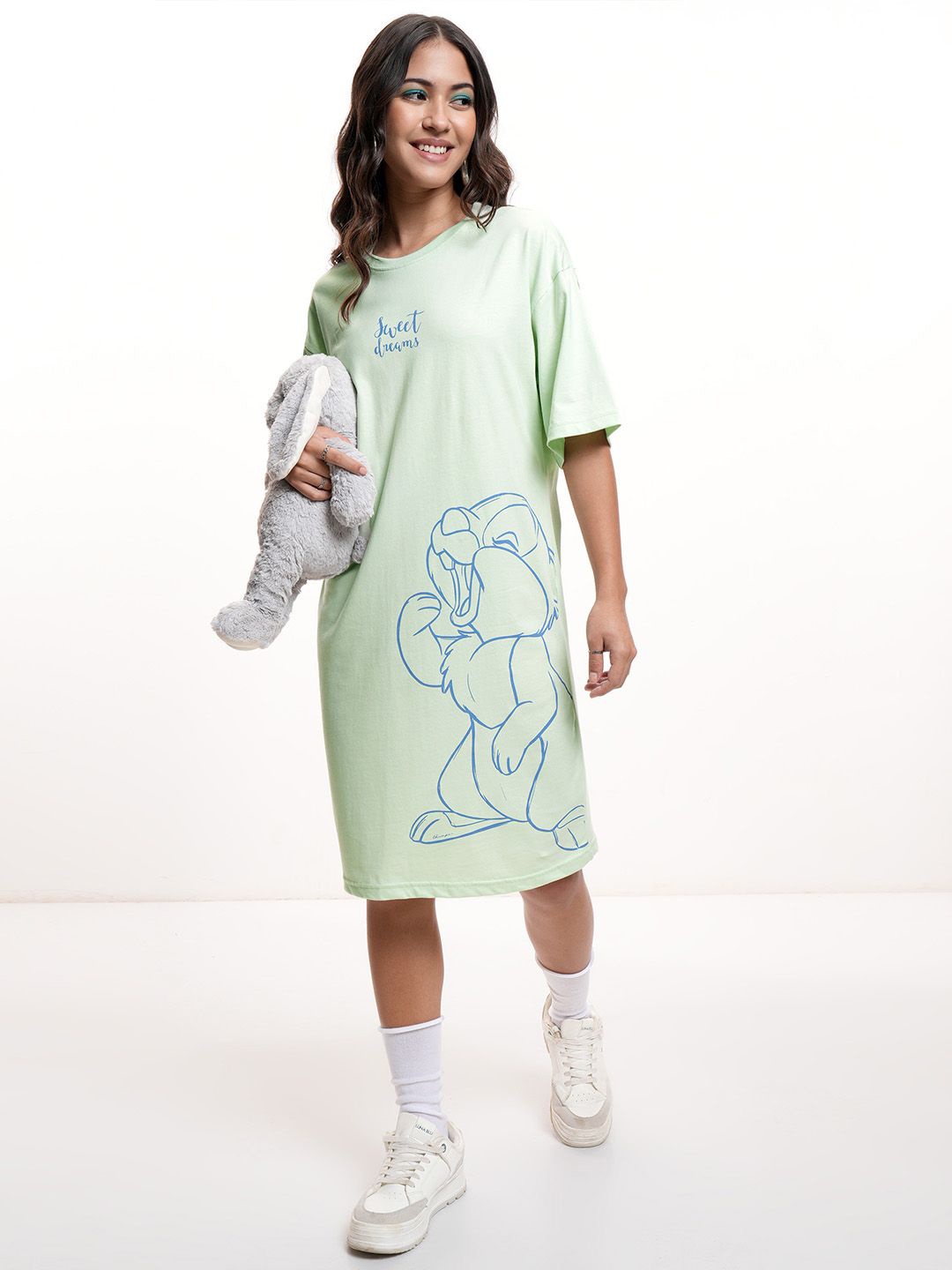 

Tokyo Talkies Women Disney Thumper Graphic Printed Boxy Mini Cotton TShirt Dress, Green