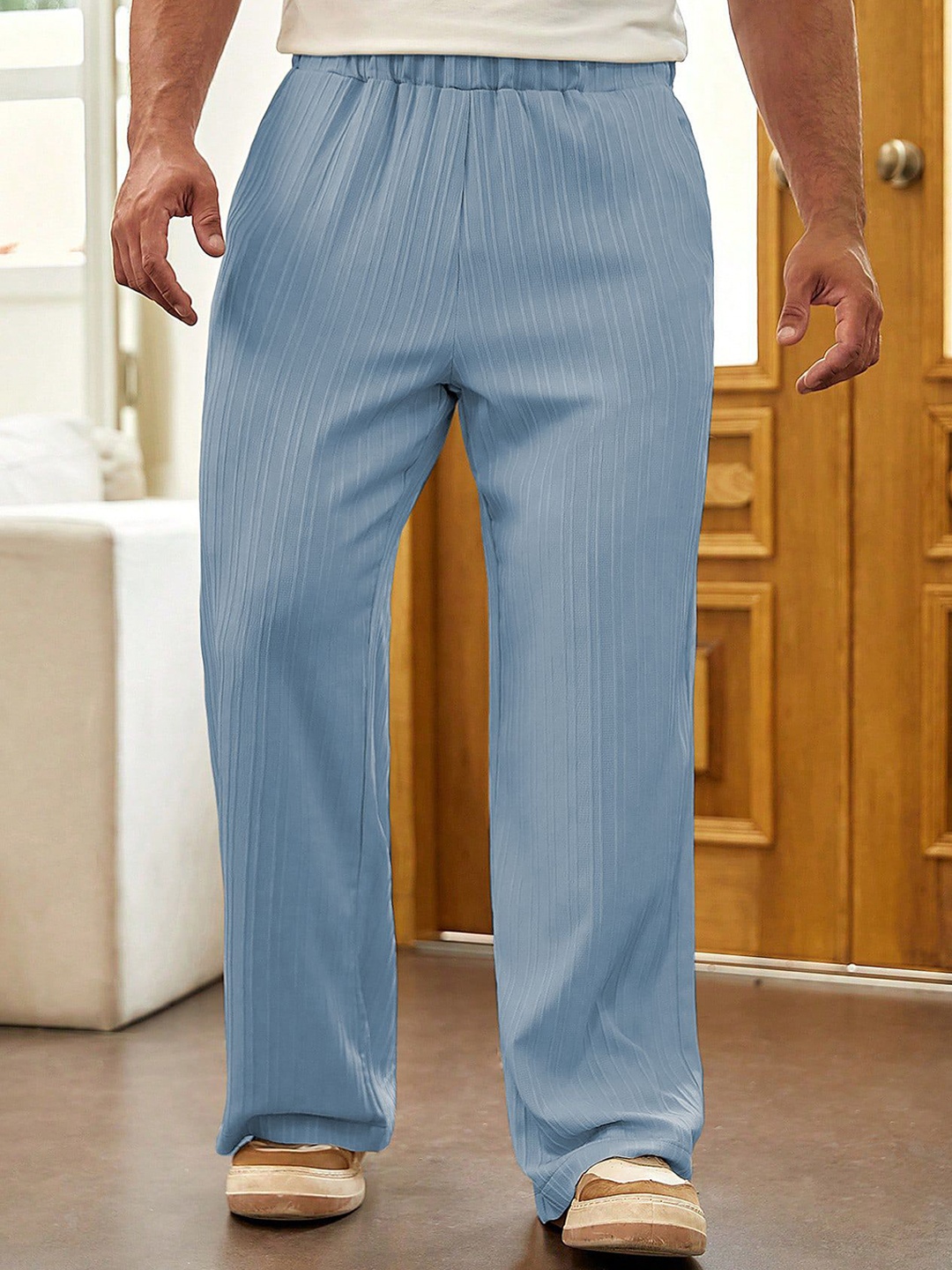 

TAGDO Men Striped Wrinkle Free Trousers, Blue