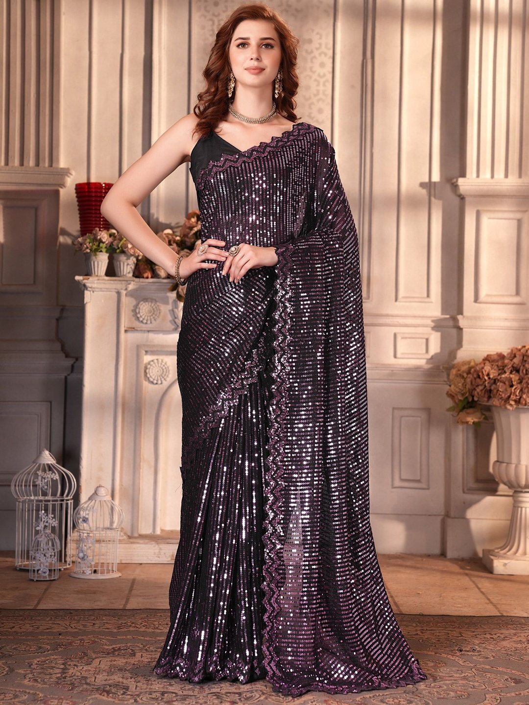 

Aika Embellished Sequinned Pure Georgette Saree, Black