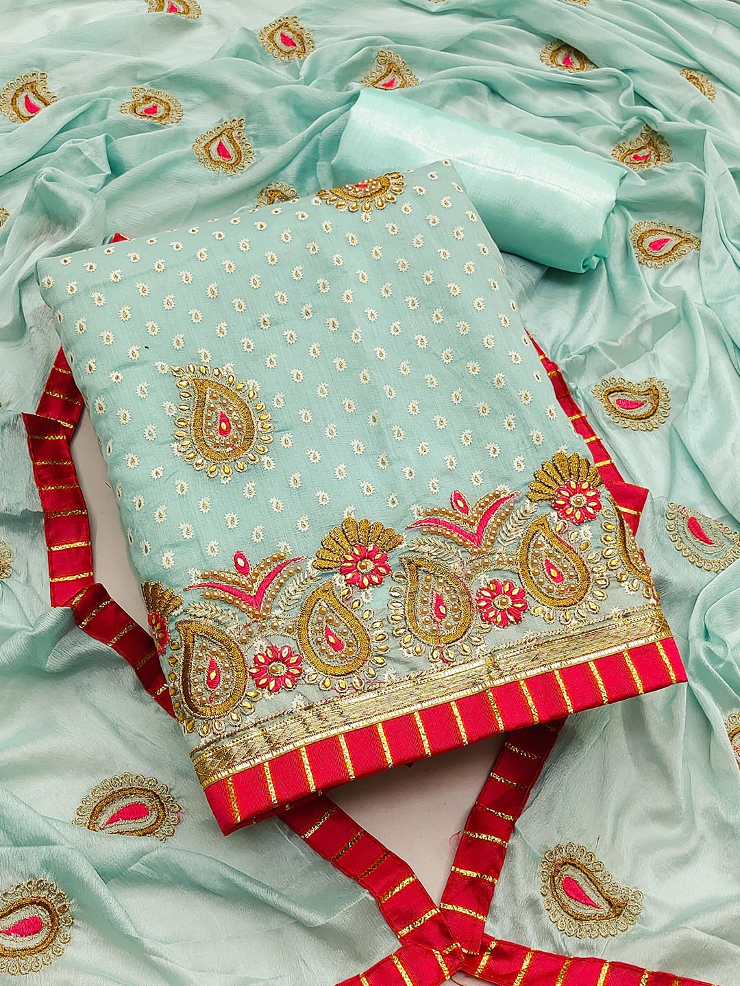 

Ishin Paisley Embroidered Zari Pure Cotton Unstitched Dress Material, Sea green