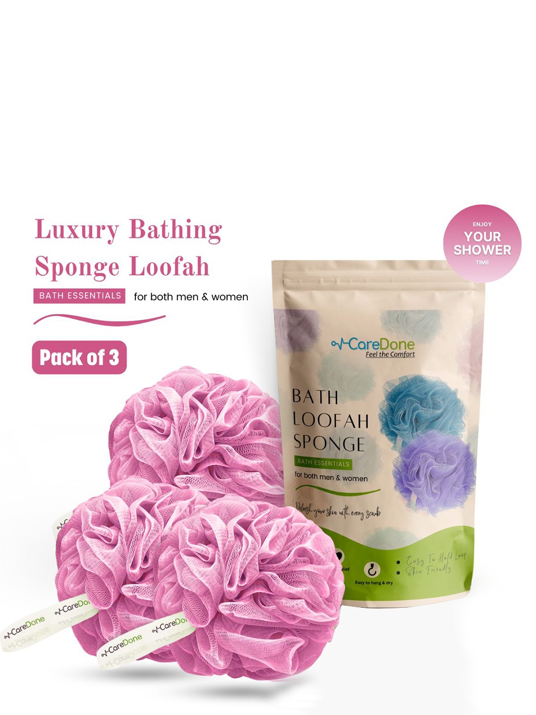 

CareDone Set of 3 Soft & Large Round Bath Loofah, Pink