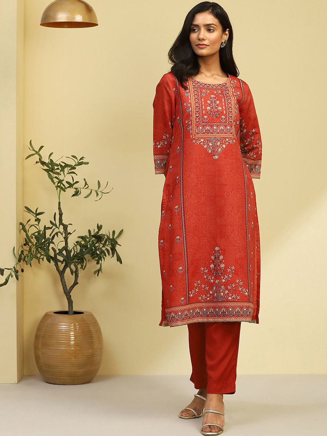 

Biba Floral Printed Round Neck Chanderi Cotton Straight Kurta, Brown