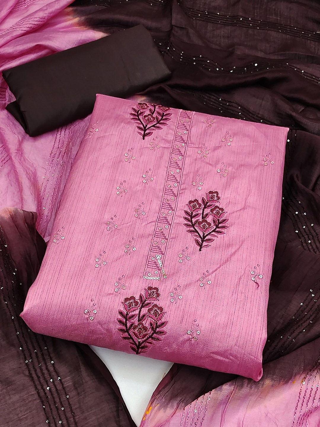 

JULEE Floral Embroidered Sequinned Unstitched Dress Material, Pink