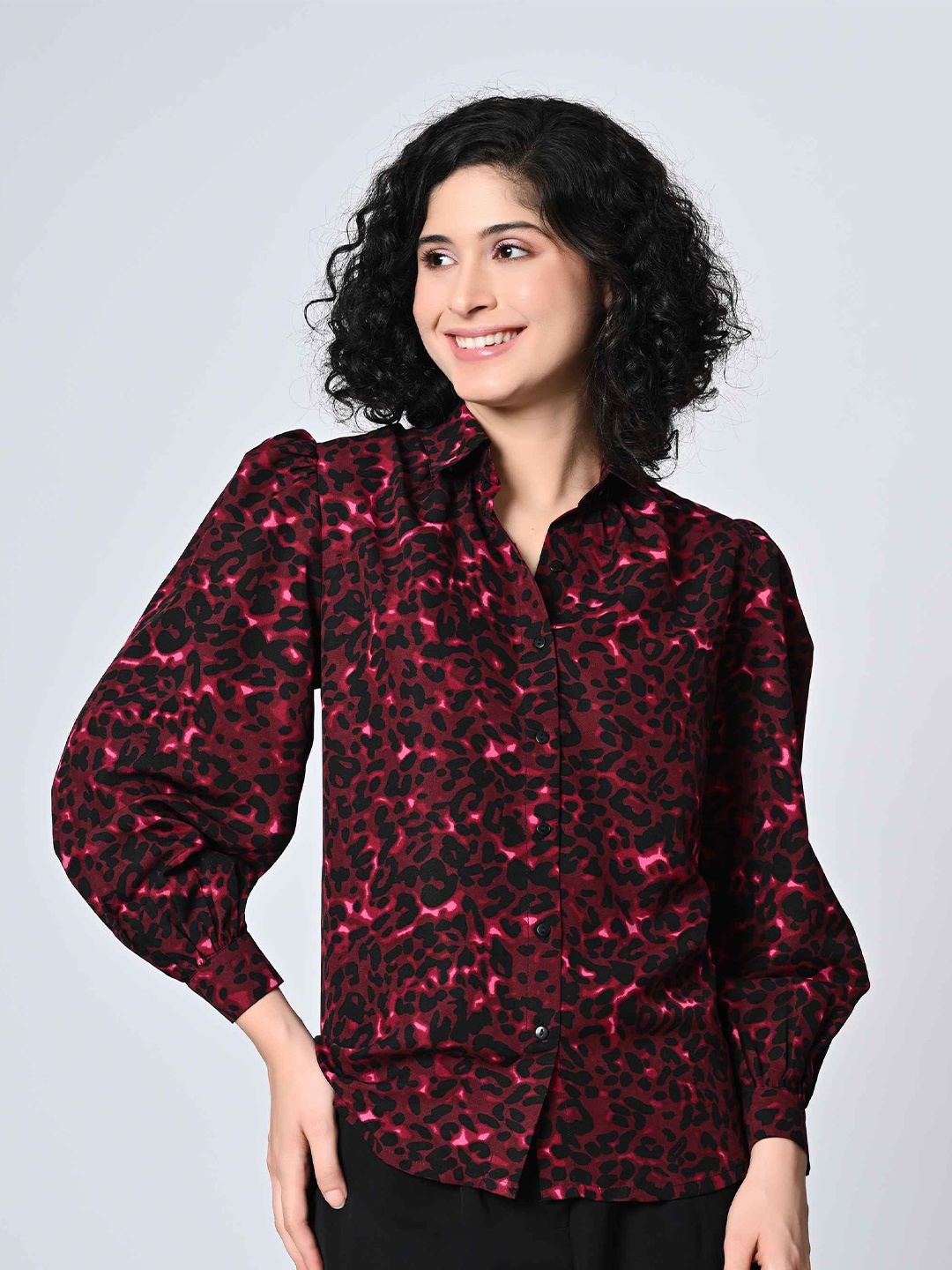 

ALL WAYS YOU Women Standard Spread Collar Abstract Printed Crepe Casual Shirt, Maroon
