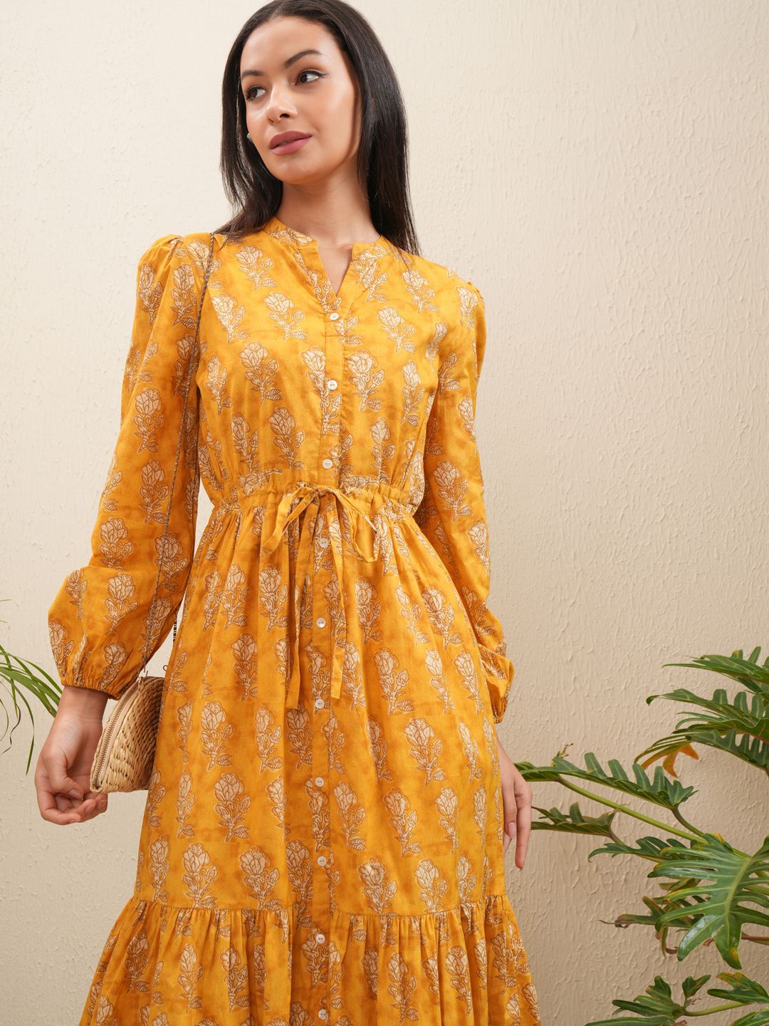 

Vishudh Floral Print Bishop Sleeve Tiered and Fit & Flare Midi Dress, Mustard