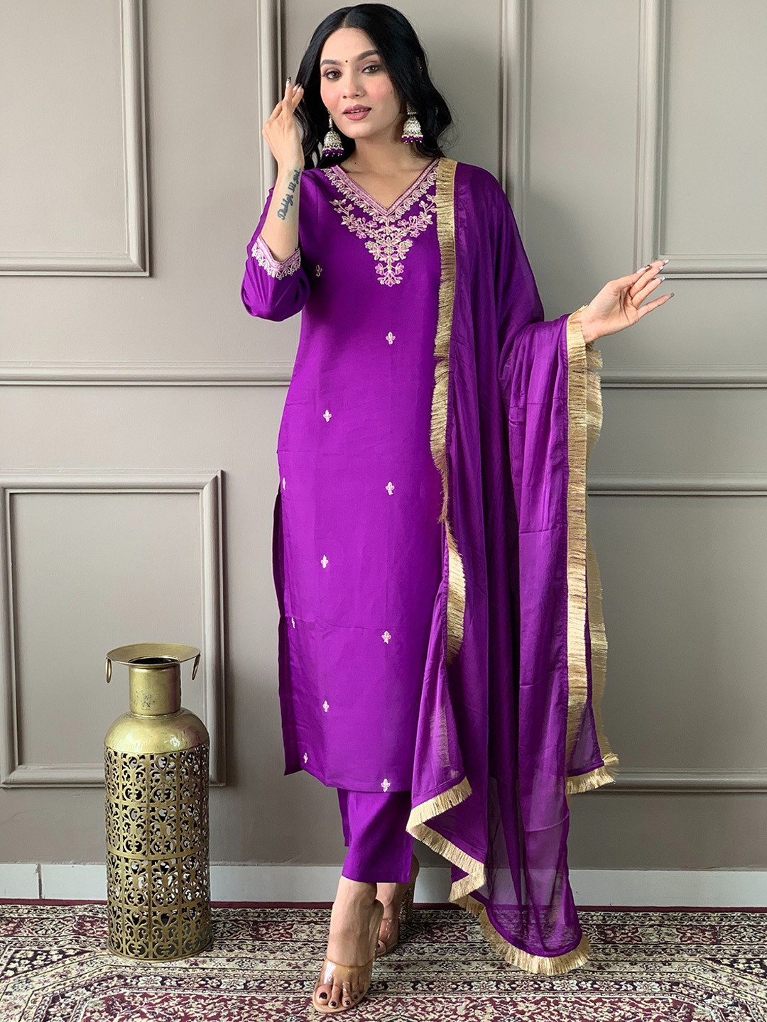 

KALINI Floral Embroidered Thread Work Chanderi Silk Kurta with Trousers & Dupatta, Purple