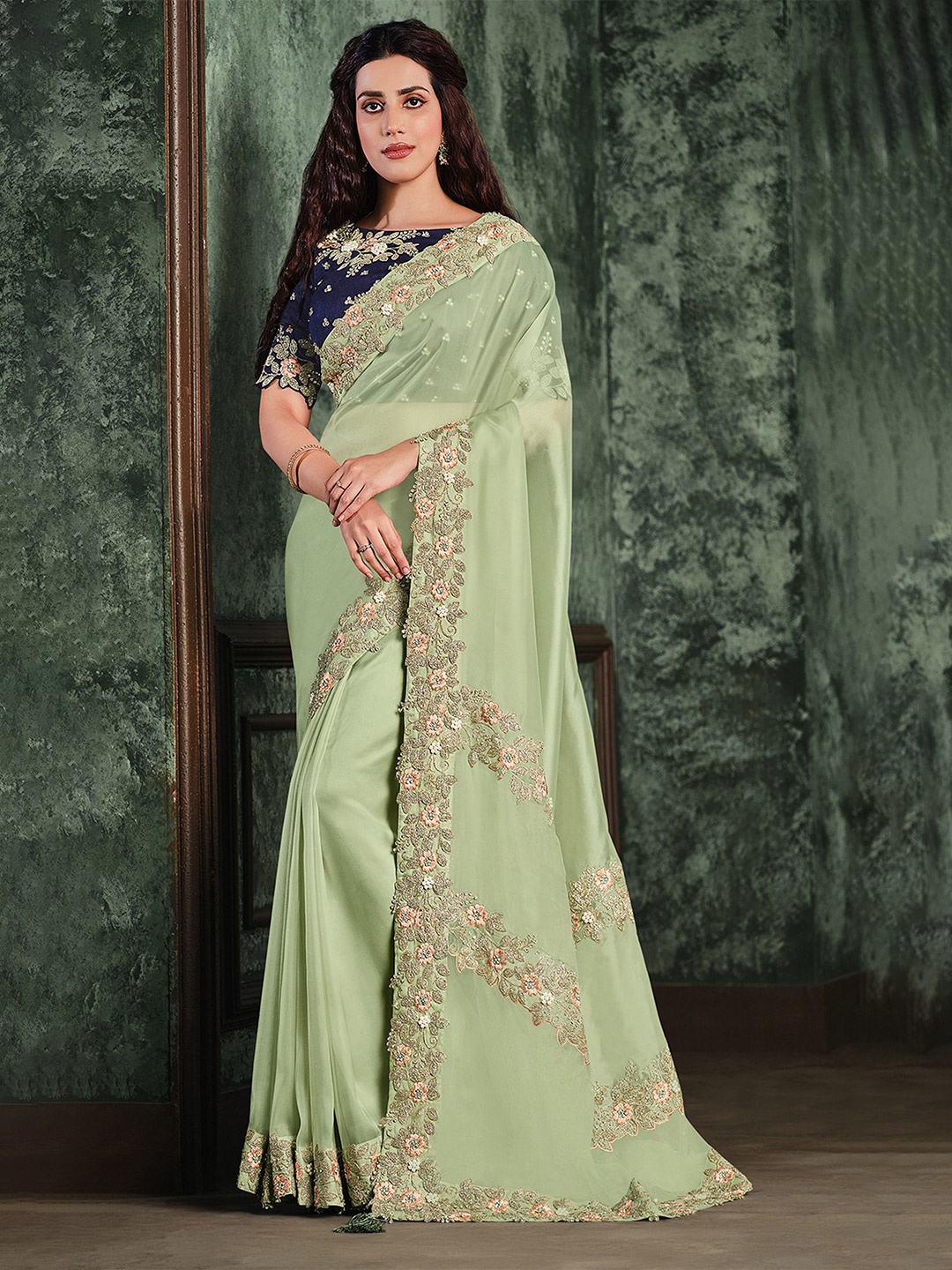 

Nimayaa Floral Embroidered designer Saree, Green