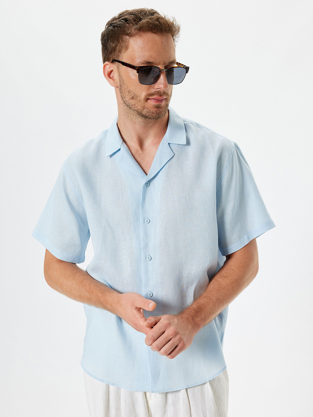 

Koton Men Cuban Collar Solid Linen Casual Shirt, Blue