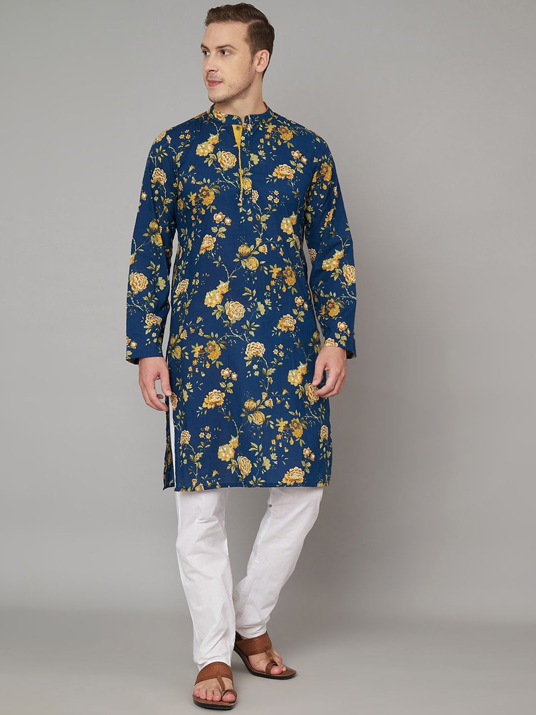 

FABRIC FITOOR Floral Printed Cotton Straight Kurta, Navy blue