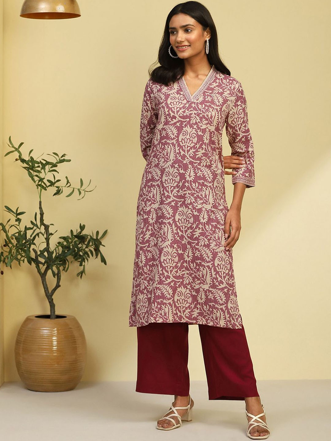 

Biba Floral Printed Thread Work Cotton Straight Kurta, Purple