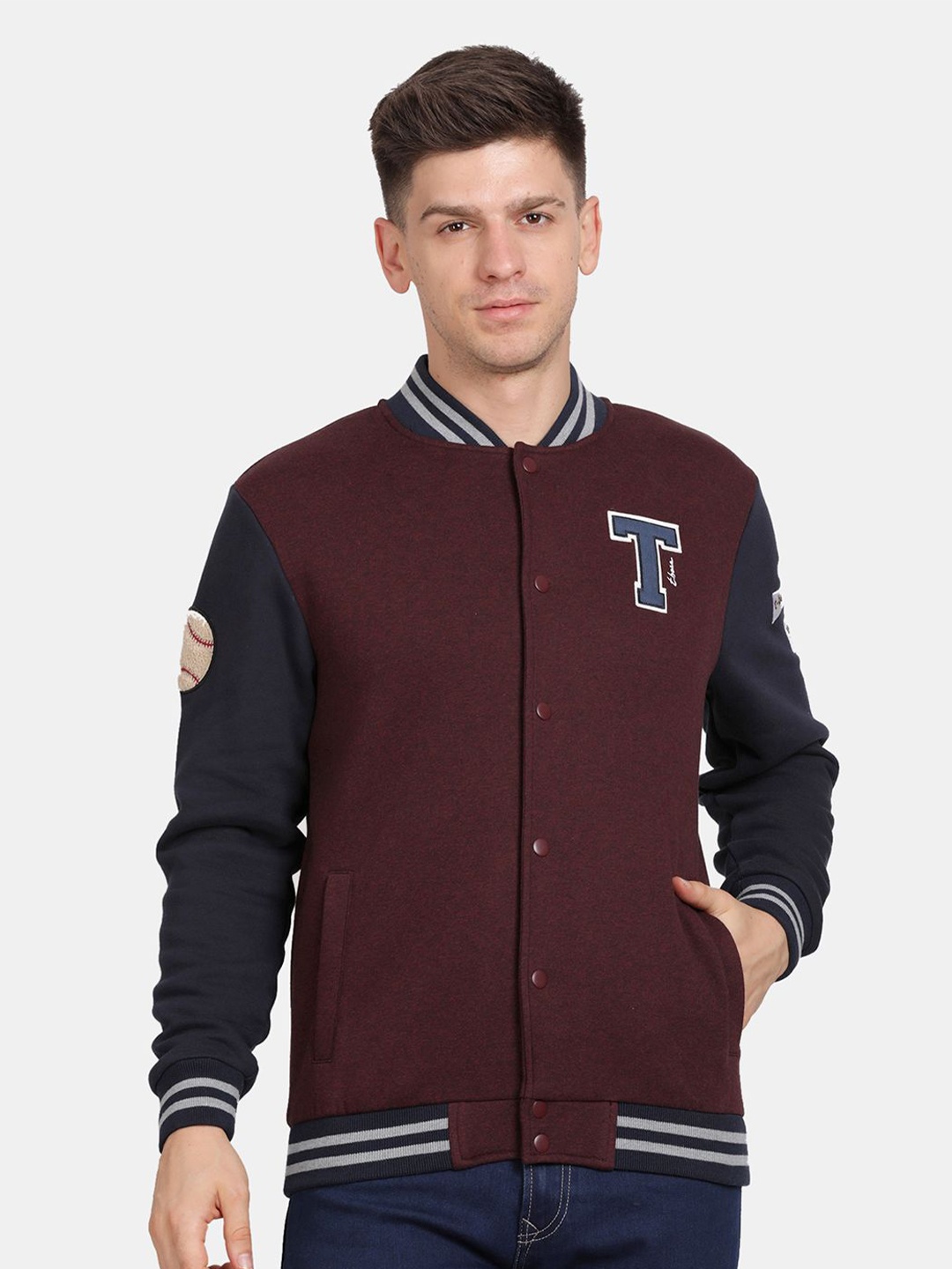 

t-base Men Typography Printed Bomber Sweatshirt, Burgundy