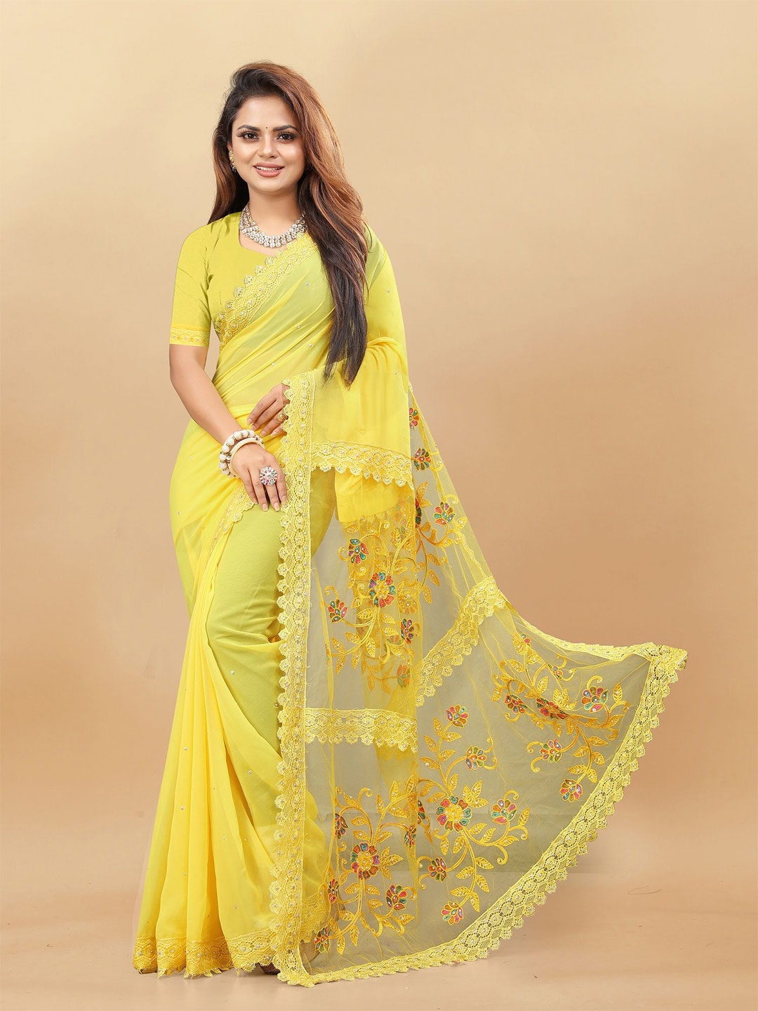 

Aika Women Embroidered Ethnic Motifs Pure Georgette Saree, Yellow