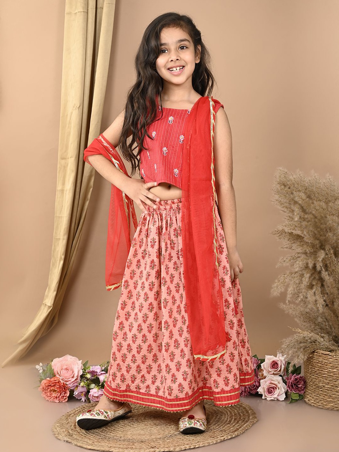 

Here&Now X Kinder Kids Girls Printed Cotton Ready to Wear Lehenga & Blouse With Dupatta, Peach