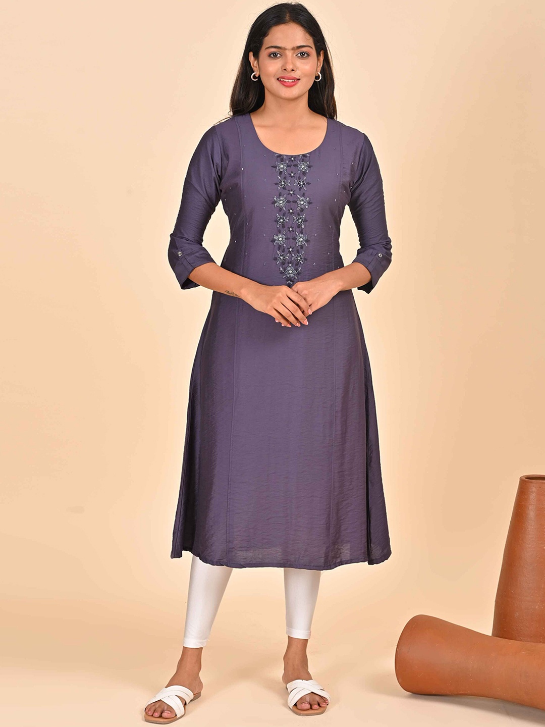 

GOLDSTROMS Floral Embroidered Sequins A-Line Kurta, Purple