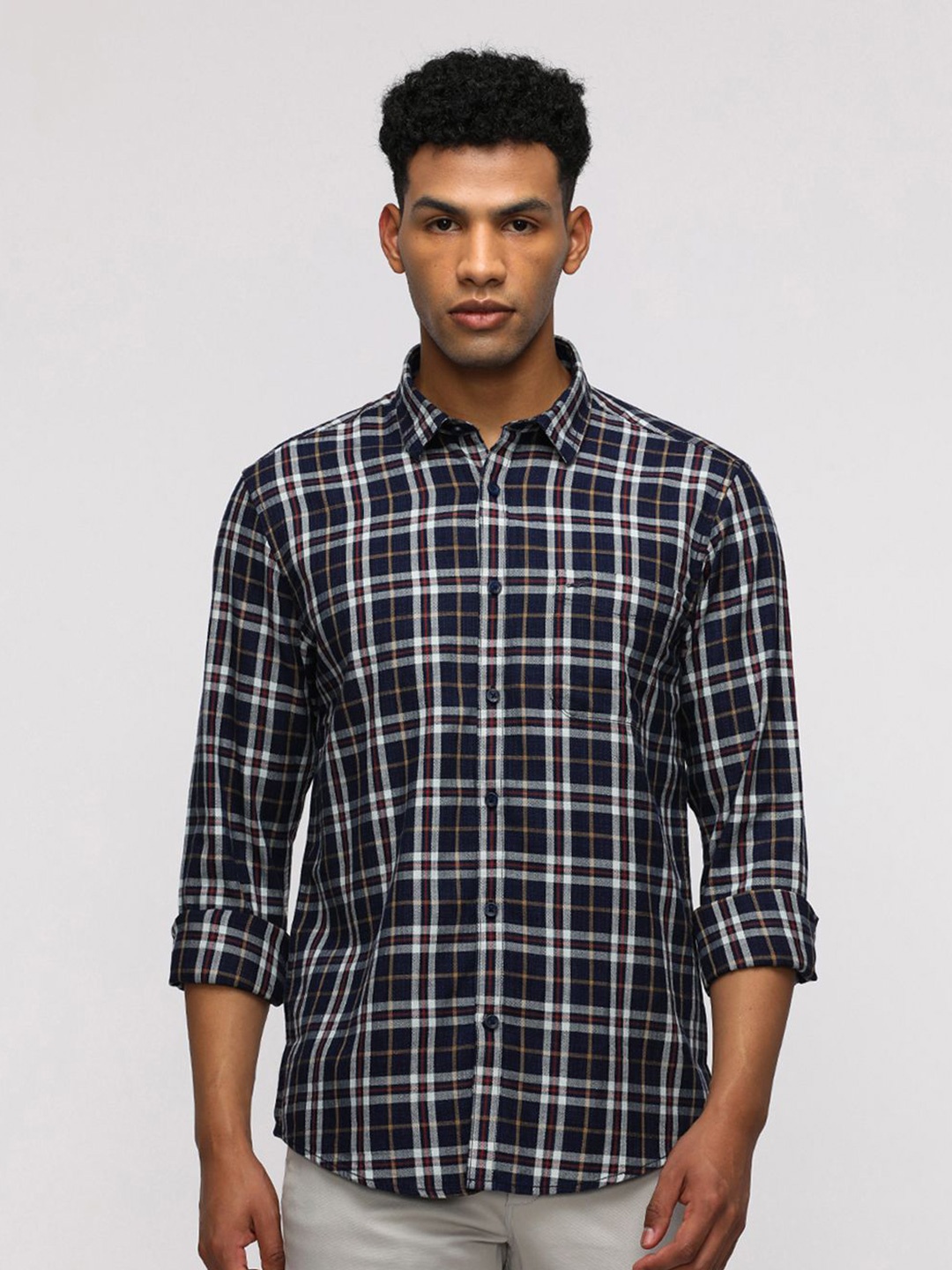 

Crocodile Comfort Sport Tartan Checked Spread Collar Casual Shirt, Navy blue