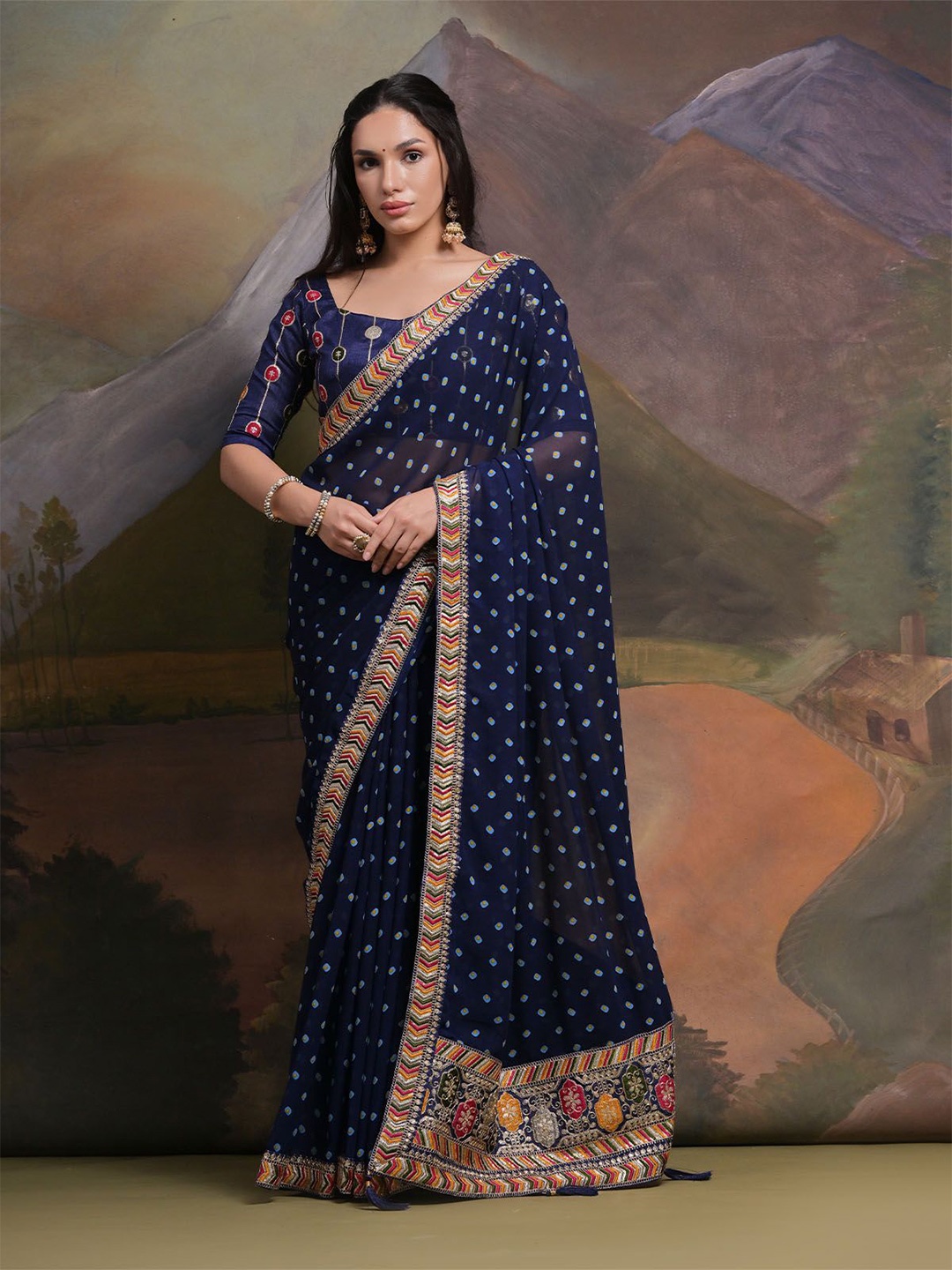 

ODETTE Bandhani Sequinned Poly Georgette Saree, Navy blue