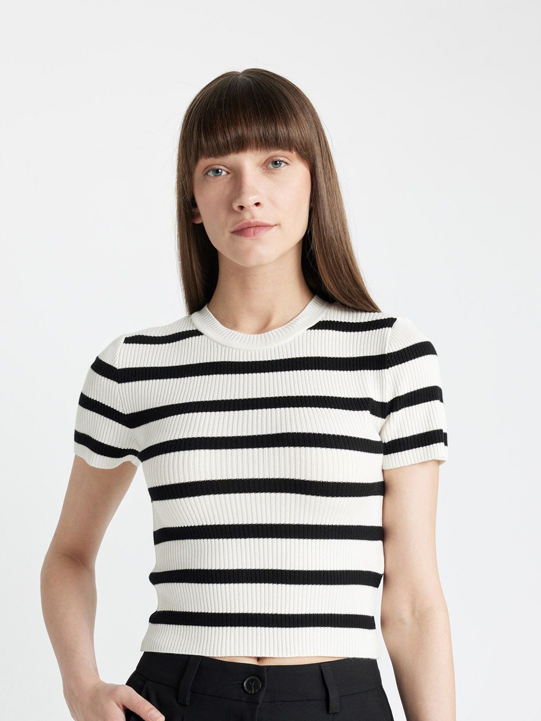 

DeFacto Striped Print Regular Tops, White