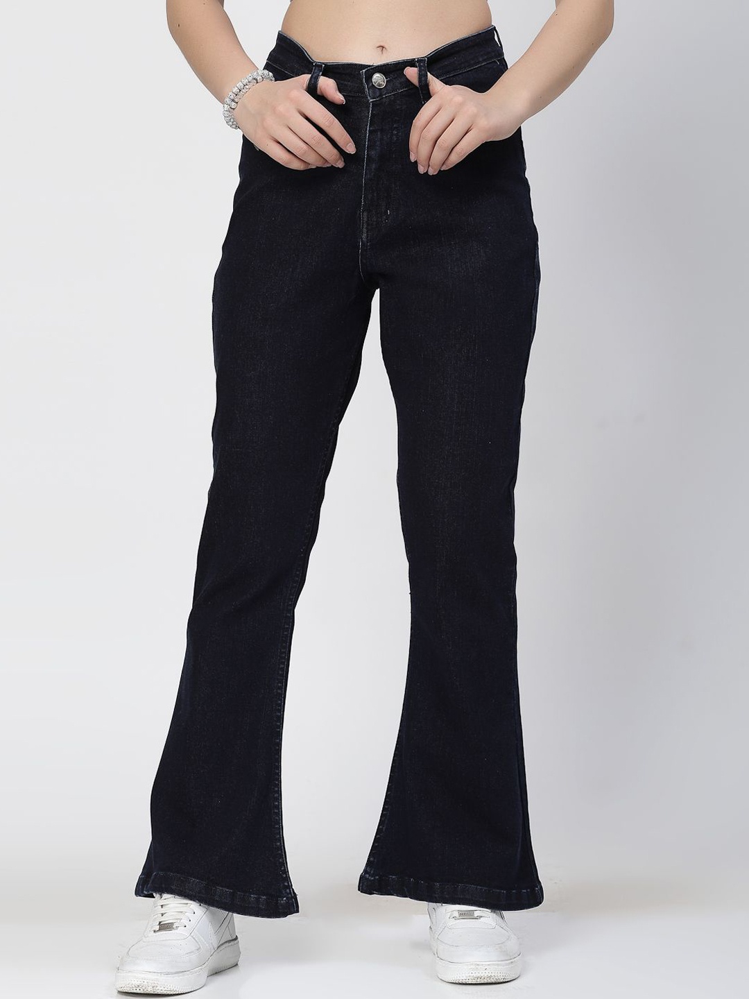 

COSMIC TRIO Women Smart Flared High-Rise Stretchable Jeans, Navy blue