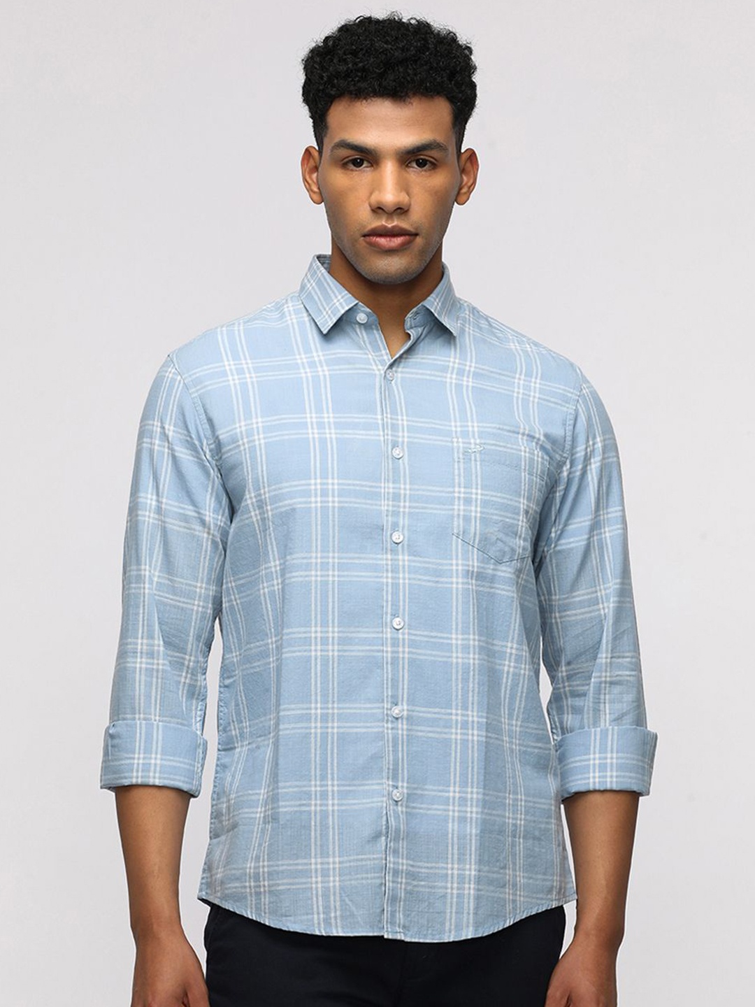 

Crocodile Men Comfort Spread Collar Tartan Checked Cotton Casual Shirt, Blue