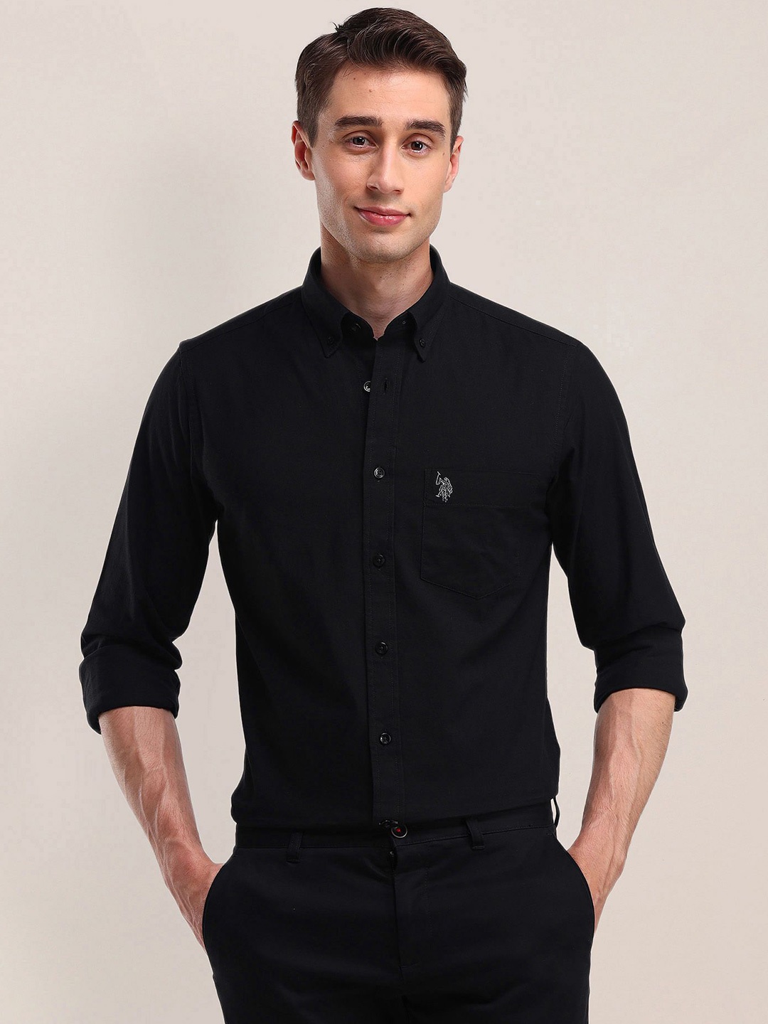 

U.S. Polo Assn. Men Modern Button-Down Collar Solid Cotton Slim Fit Casual Shirt, Black