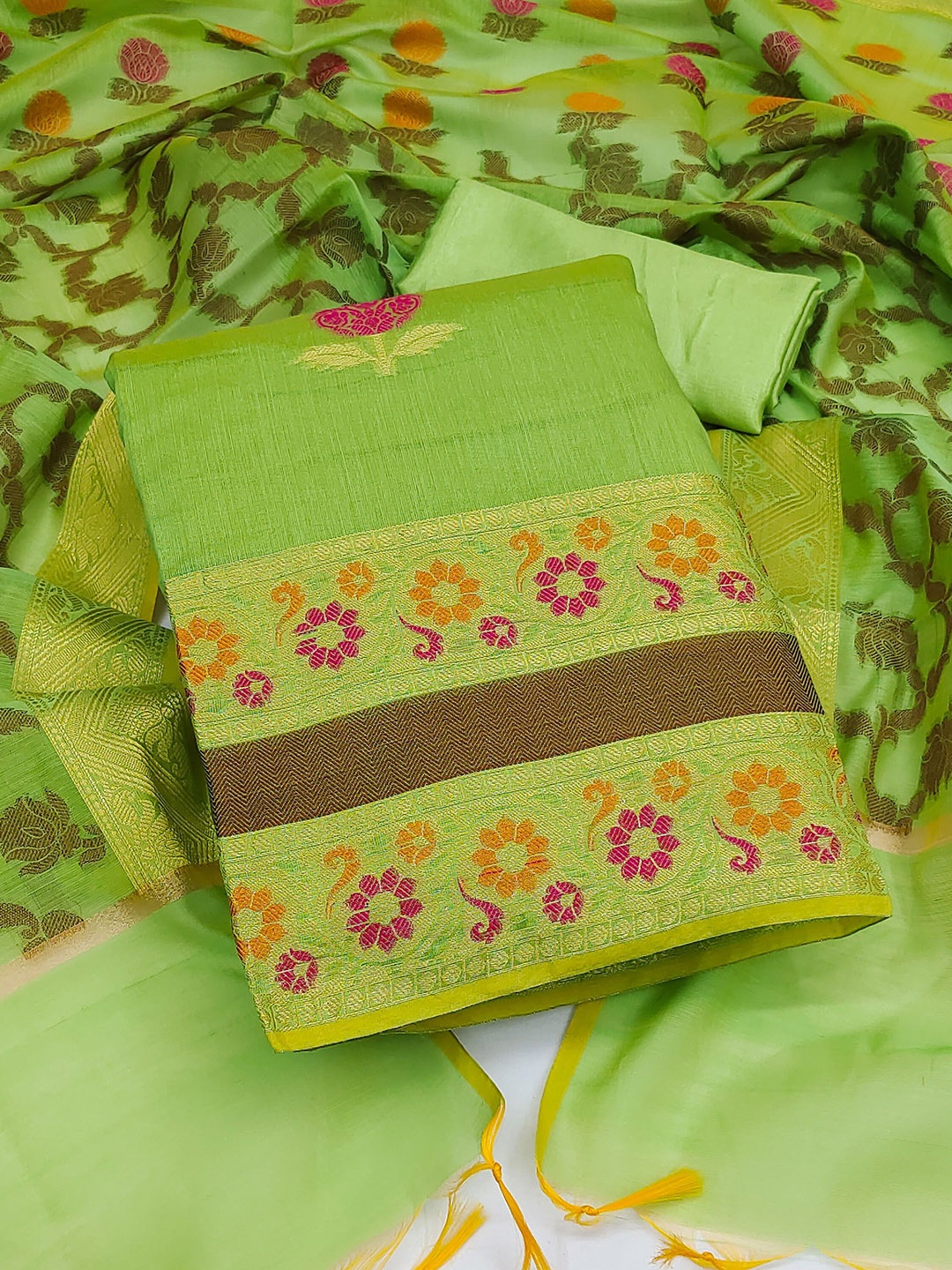 

Ishin Floral Woven Design Zari Unstitched Dress Material, Green