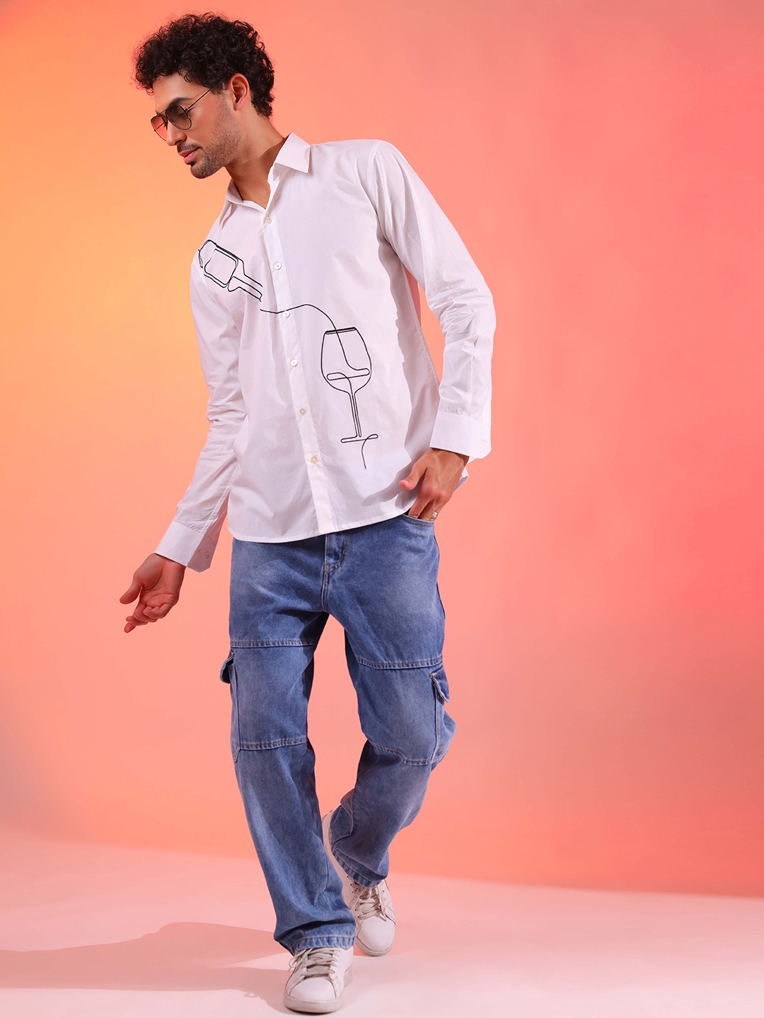 

DALCHINII Men Embroidered Pure Cotton Party Shirt, White
