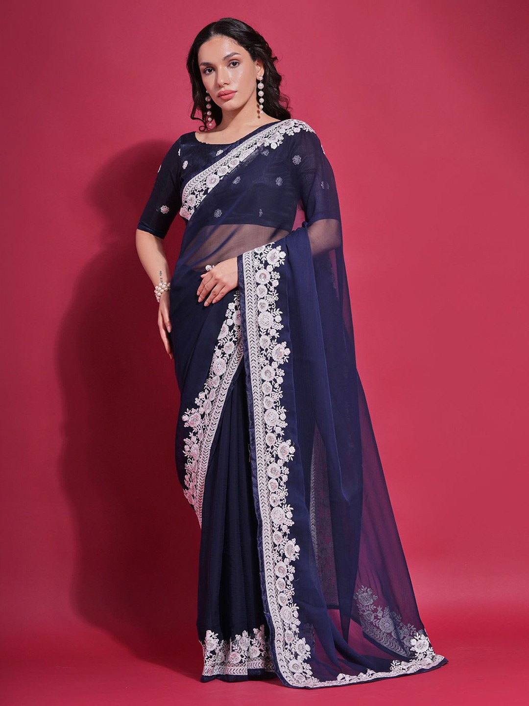 

ODETTE Embroidered Sequinned Saree with Blouse, Navy blue