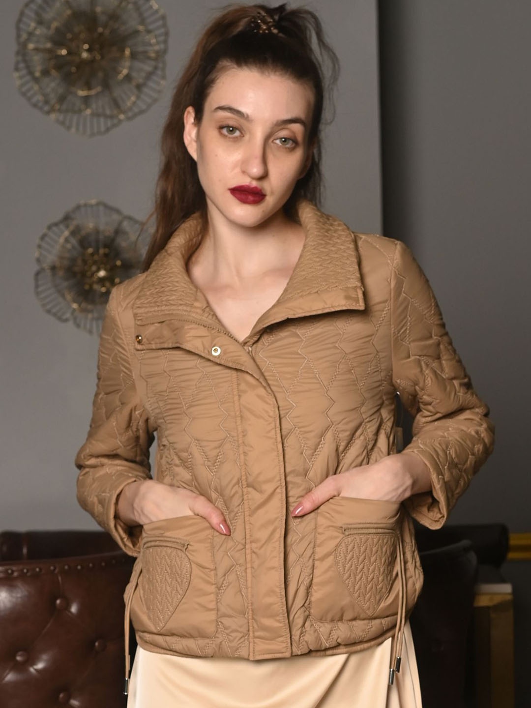 

ODETTE Women Solid Bomber Jacket, Beige
