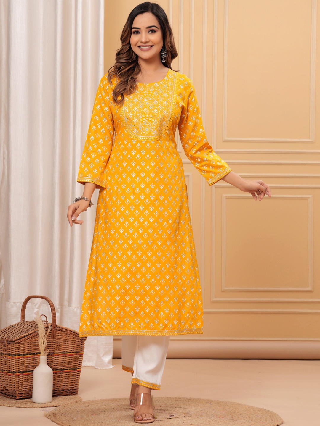 

KALINI Floral Printed Round Neck Straight Kurta With Palazzos, Mustard