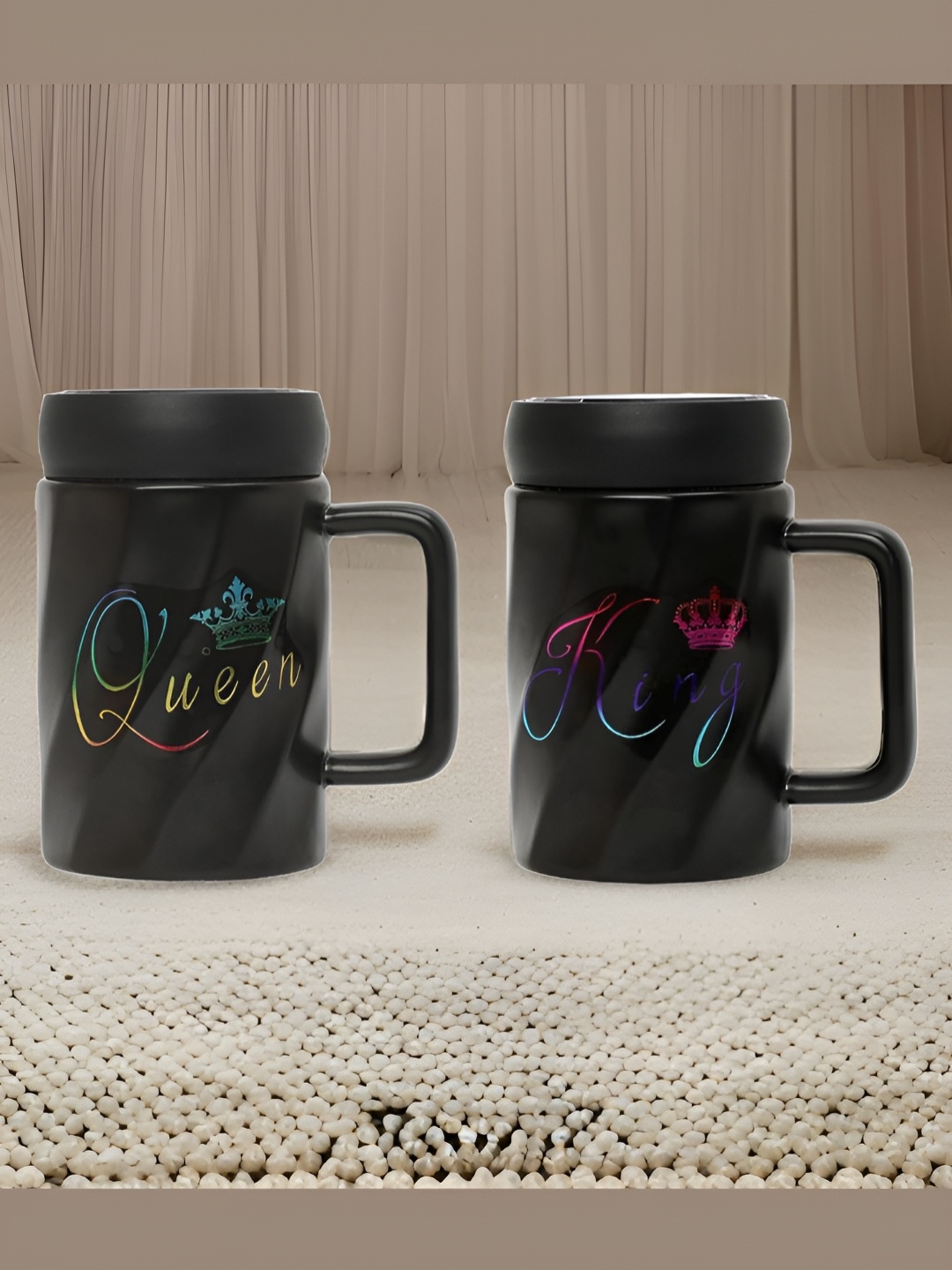 

INTERNATIONAL GIFT 2 Pieces Black Printed Ceramic Matte Coffee Mug