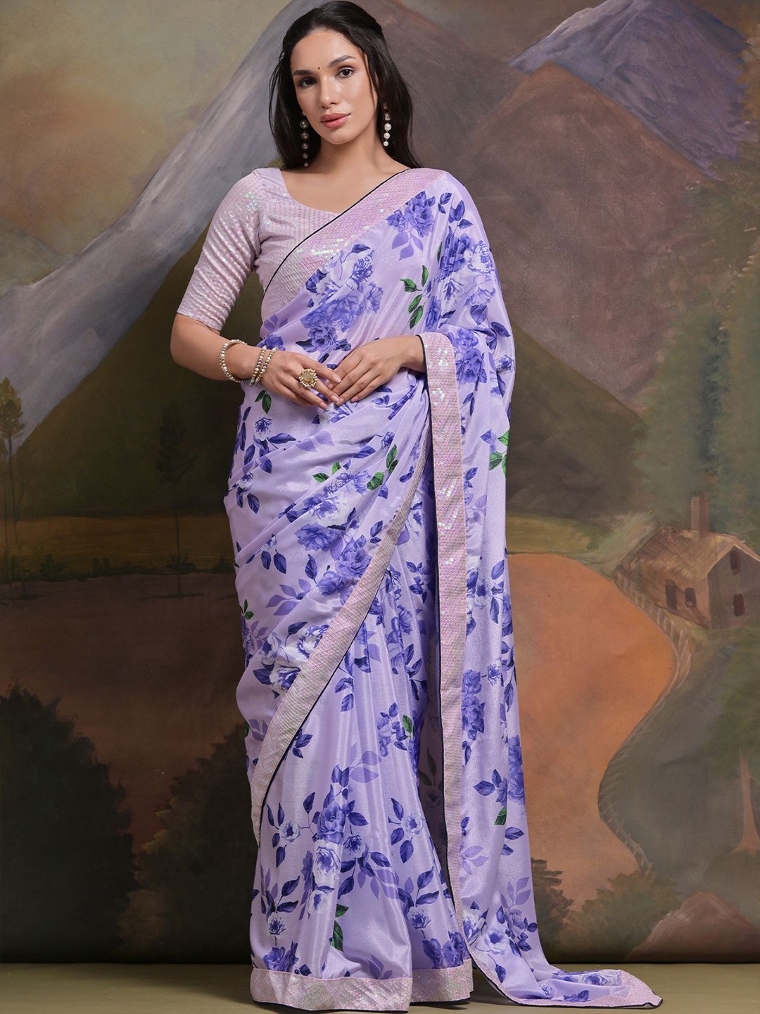 

ODETTE Floral Printed Sequinned Saree, Purple