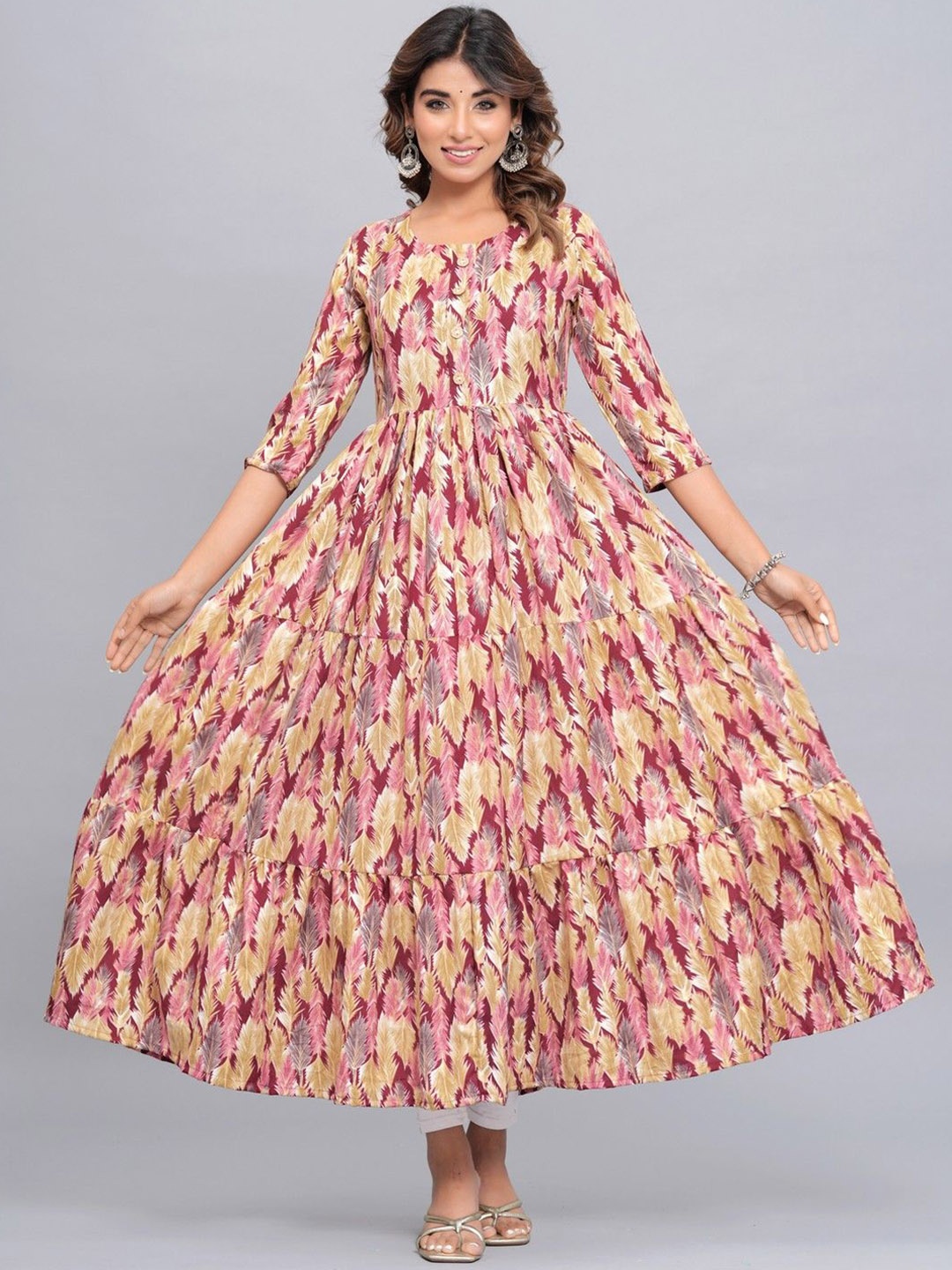 

OKD Empires Floral Printed Round Neck Tiered Anarkali Kurta, Pink