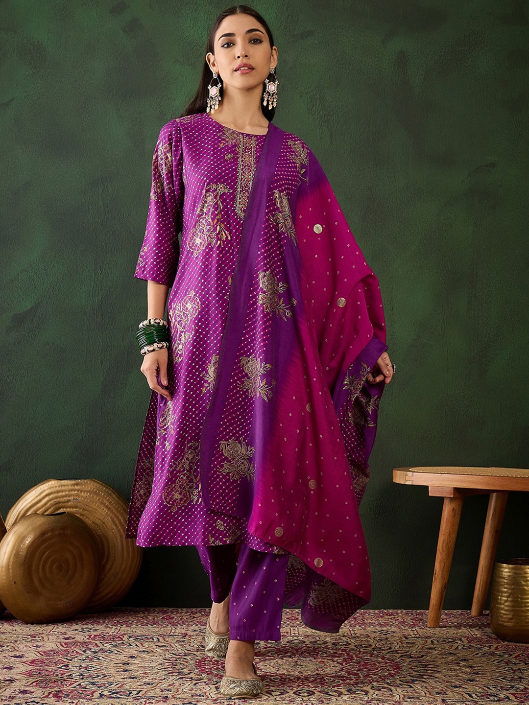 

Sangria Printed Embroidered Thread Work Pure Silk A Line Kurta With Trousers & Dupatta, Purple