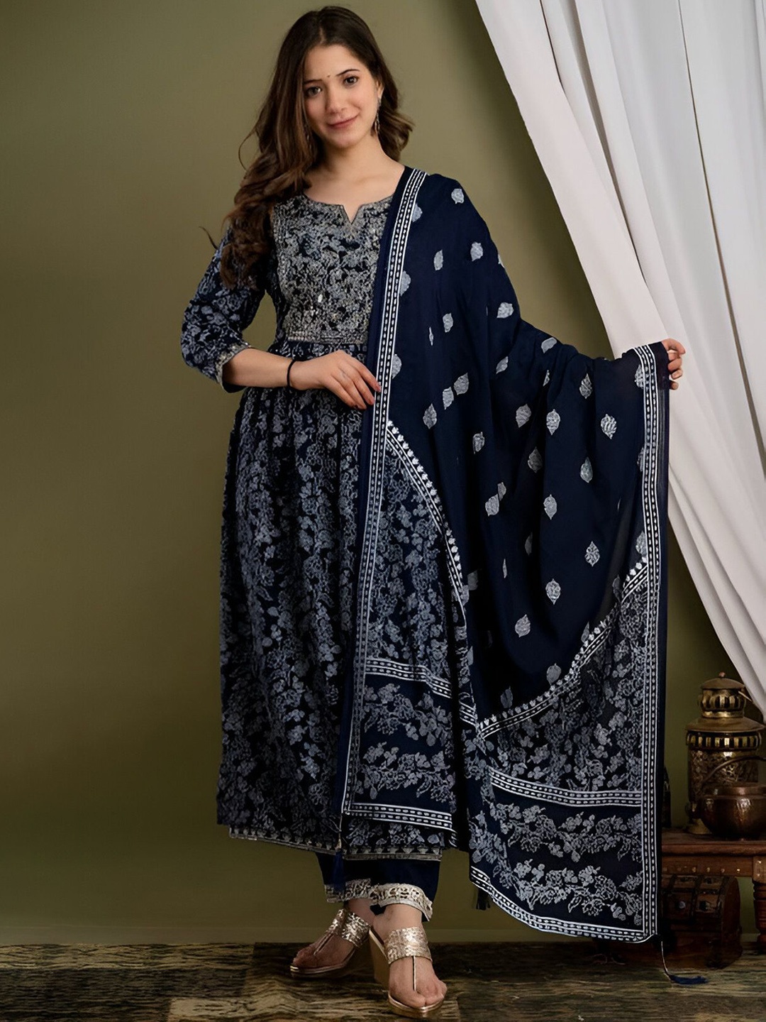 

Parth Fab Floral Printed Thread Work Anarkali Kurta With Trouser & Dupatta, Blue