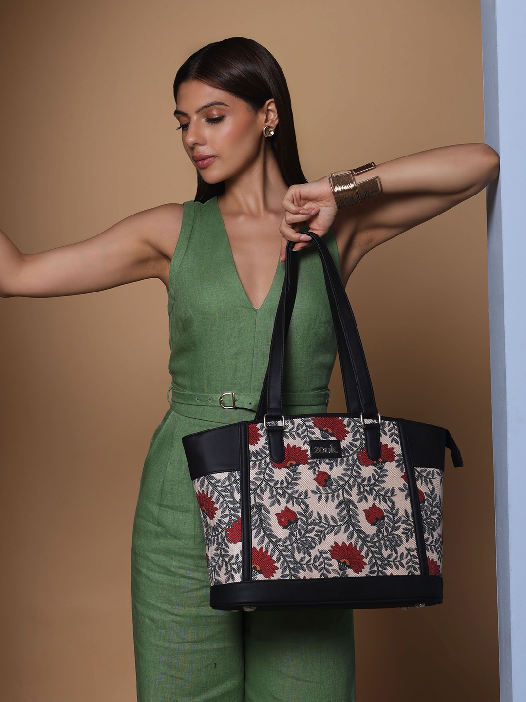 

ZOUK Floral Printed Structured Tote Bag, Beige